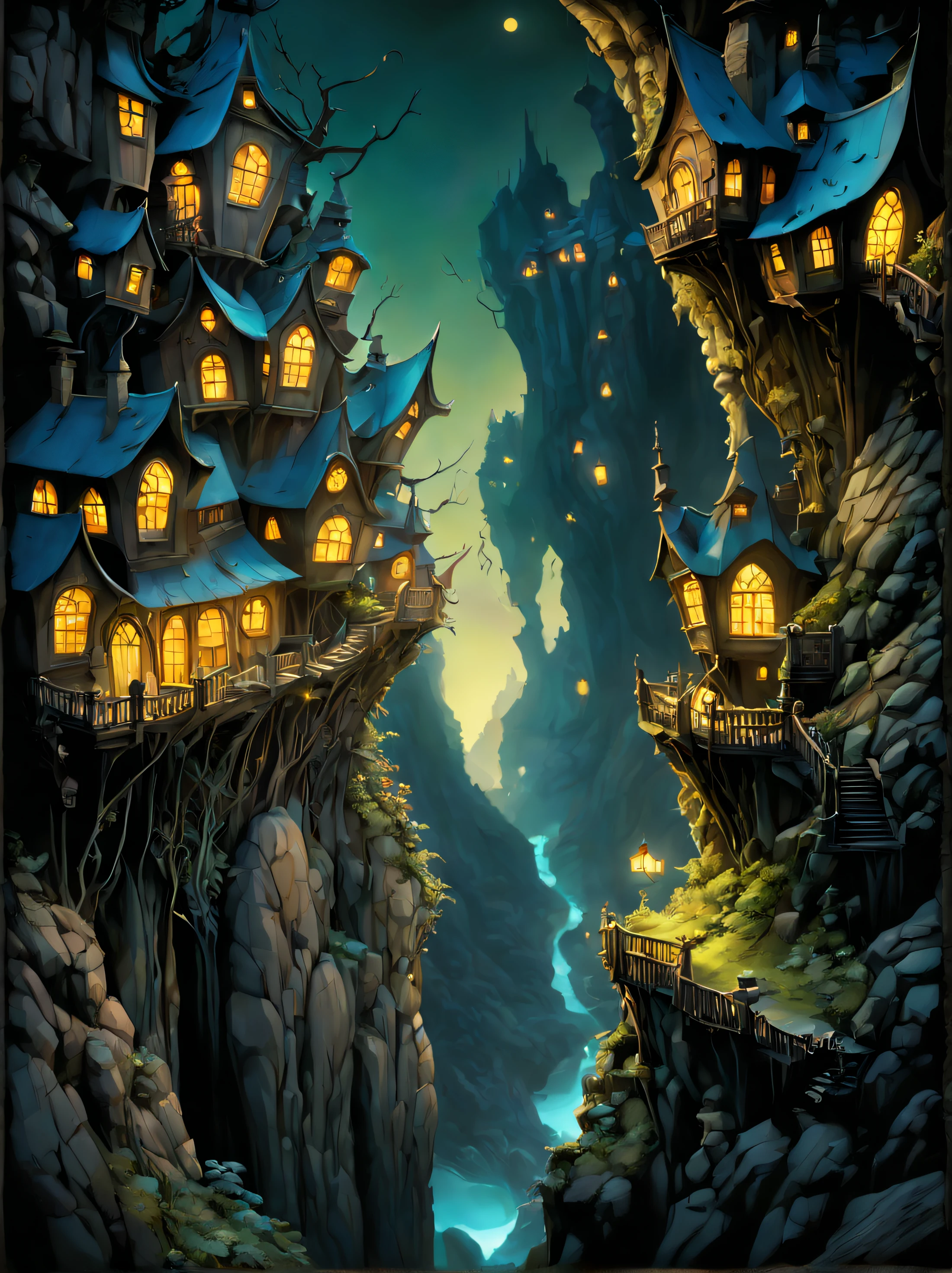 A surreal art of a fairies land, where there is a canyon with houses built on its edges, and lights shining from their windows, magical dark sunset, fairy, dreamy, mysterious, (by Brian Froud & Arthur Rackham & Eyvind Earle), digital illustration style, cool and whimsical, featured on Behance, outdoor scene, imaginative details, high resolution