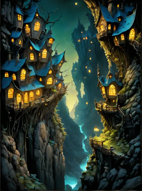 a surreal art of a fairies land, where there is a canyon with houses built on its edges, and lights shining from their windows, ...