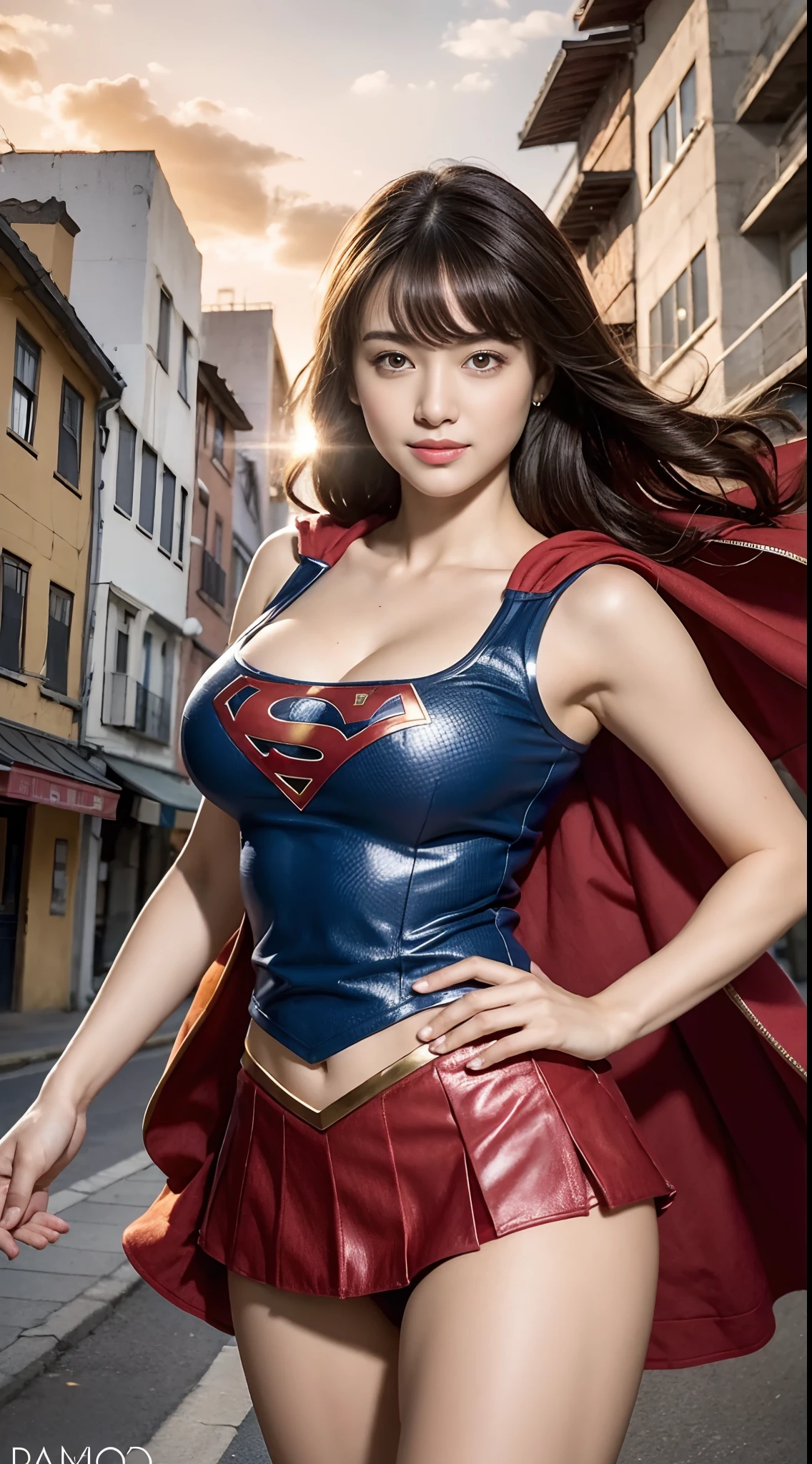 (Photorealistic:1.37), Highest Quality, masutepiece, 超A high resolution, Healthy skin tone, BREAK, Solo, Cinematic, fighting poses, She wears DC's Supergirl costume suit, Red short skirt, S mark on chest, Long Red Cloak, A fearless smile appears on her beautiful face, Light brown short hair, Elegant, Beautiful body like a supple athlete, Very sparkly oily skin, Large breasts, Big hips, In the ruined city, BREAK, Highly detailed beautiful eyes and face, Detailed fabric texture, Insanely detailed realistic skin texture, (Correct body balance), Top-quality lighting that doesn't darken your face when backlit