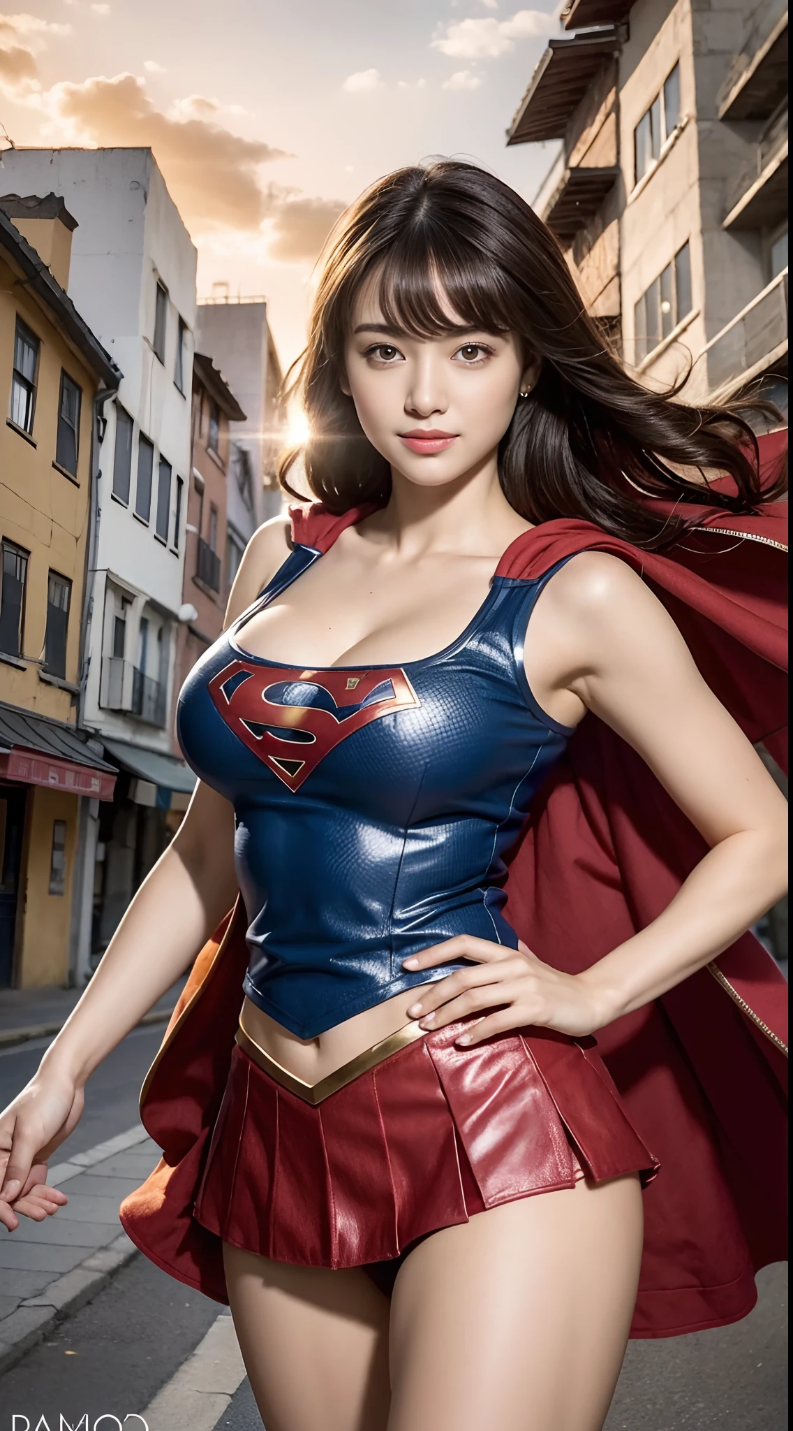 (fotorrealista:1.37), mais alta qualidade, mesa, 超Uma alta resolução, Tom de pele saudável, QUEBRAR, Sozinho, Cinematic, poses de luta, Ela usa o traje de Supergirl da DC, Saia curta vermelha, Marca S no peito, longo manto vermelho, Um sorriso destemido aparece em seu lindo rosto, cabelo curto castanho claro, elegante, Corpo bonito como um atleta flexível, Pele oleosa muito brilhante, seios grandes, ancas grandes, Na cidade em ruínas, QUEBRAR, Belos olhos e rosto altamente detalhados, textura detalhada do tecido, Textura de pele realista incrivelmente detalhada, (equilíbrio corporal correto), Iluminação de alta qualidade que não escurece seu rosto quando em contraluz