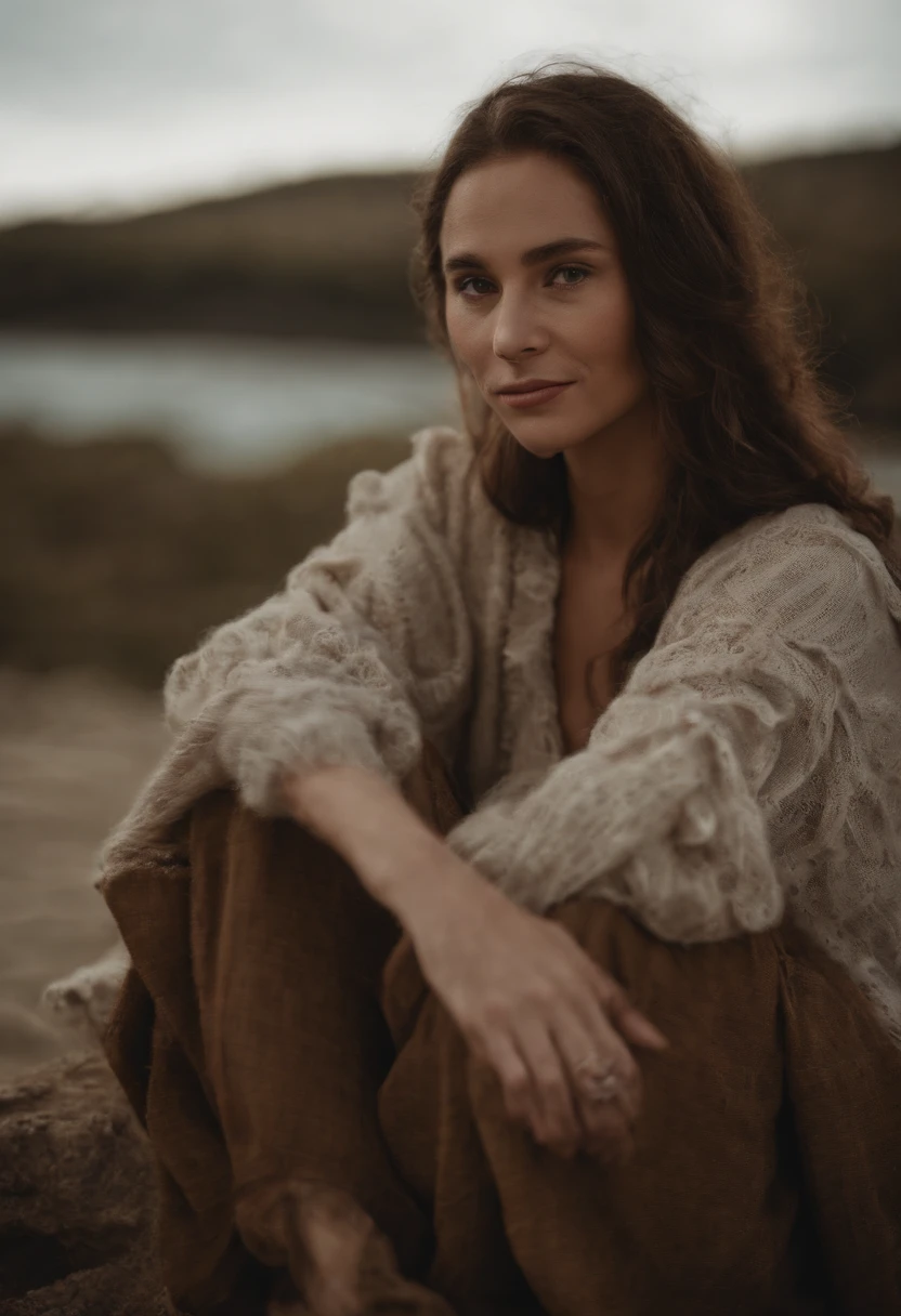 A woman sitting on a rock in a desert area - SeaArt AI