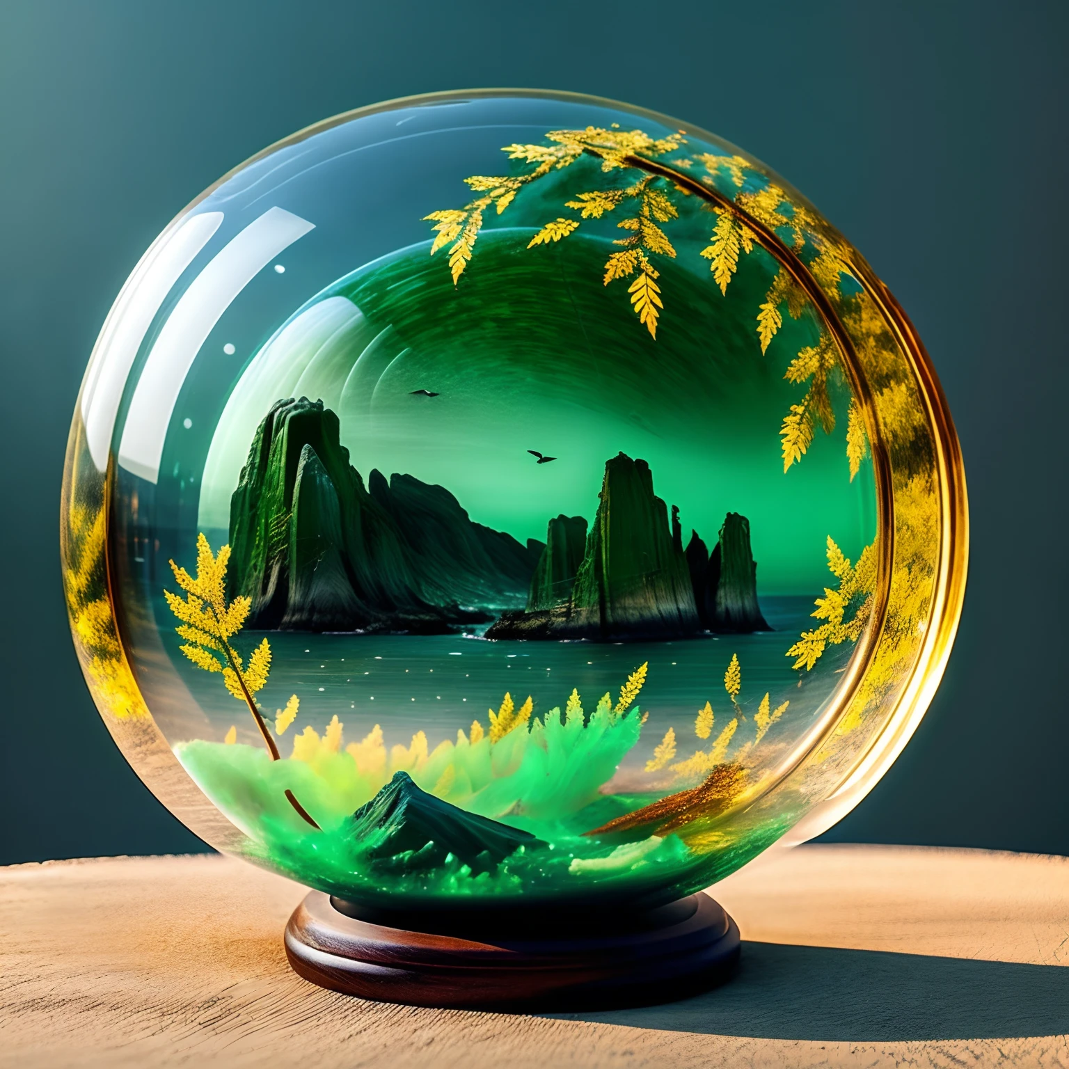 角色扮演遊戲模式 ,氣泡 | 概念玻璃, 美麗不尋常的玉船  , 站在大海上，以秋天森林美麗的海岸為背景  , 前燈.