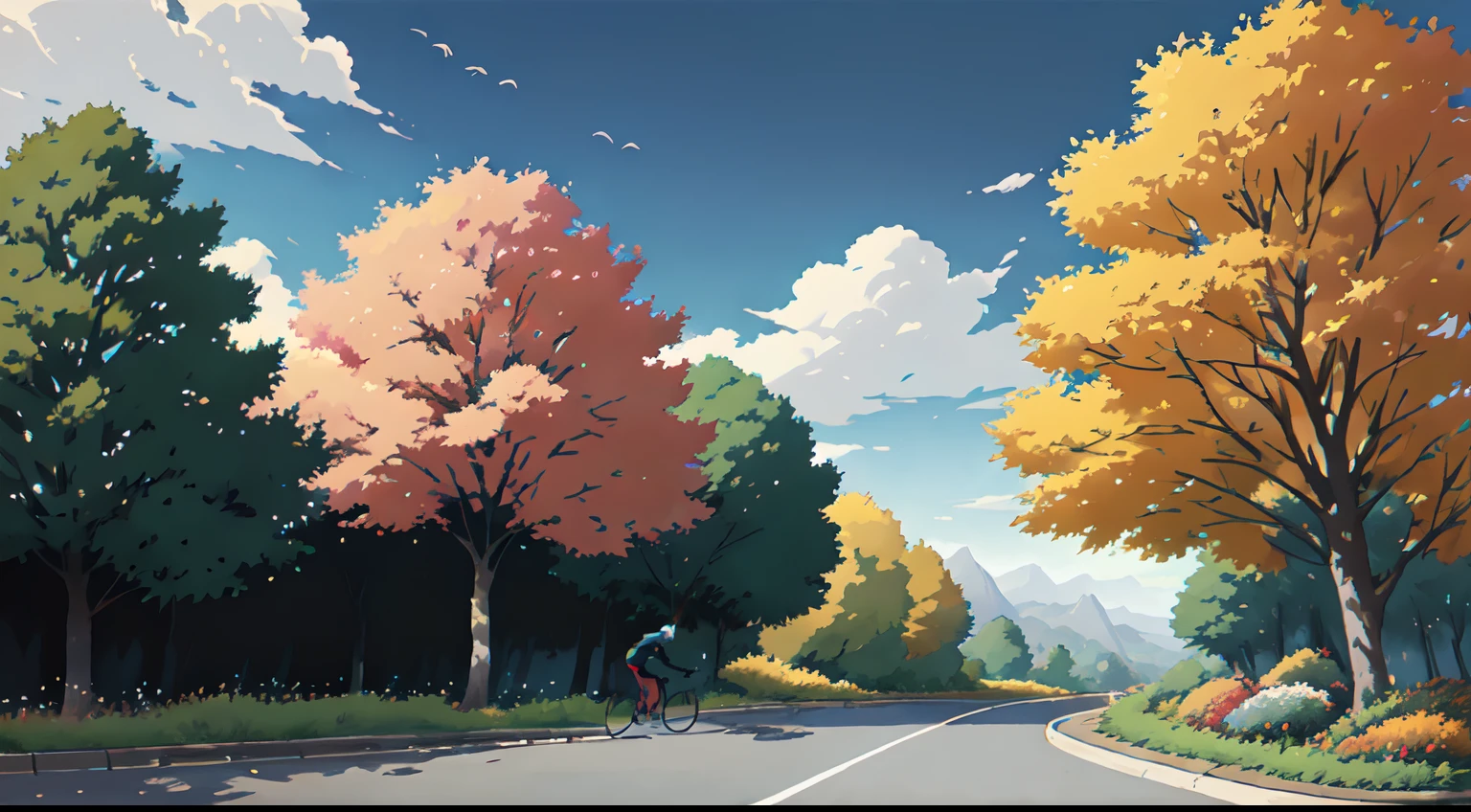 (cycliste seul: 1.5), (Realistic bike: 1.5), (realistic cyclist: 1.5), (automne: 1.5), Plan en gros plan, Le meilleur des meilleurs, orange leaves, nature, ambiance Landscaped background, ombres, contraste, Makoto Shinkai (beste-Qualit:1.3), (high resolucion:1) Art par Studio Ghibli Style, impressionnisme, couleurs vibrantes