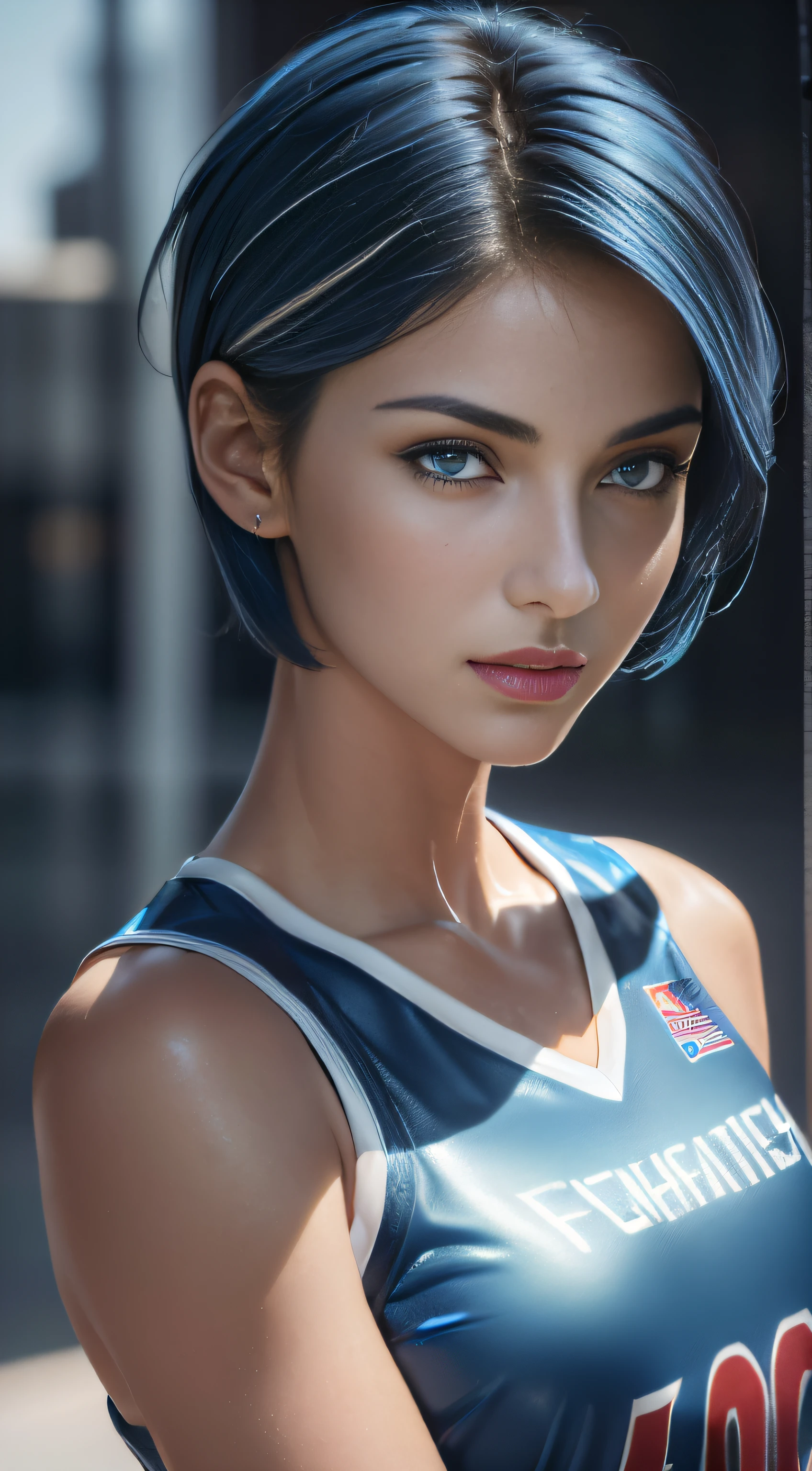 (Masterpiece, best quality, photorealistic, highres, photography, :1.3), close-up shot, sharp focus, (1 girl, girl, hot model), realistic skin, (slim body shape), side swept short ((hair with blue color)), extremely detailed hair, delicate face, shiny lips, ((wearing basketball jersey)), outdoor, ((realistic, super realistic, realism, realistic detail))