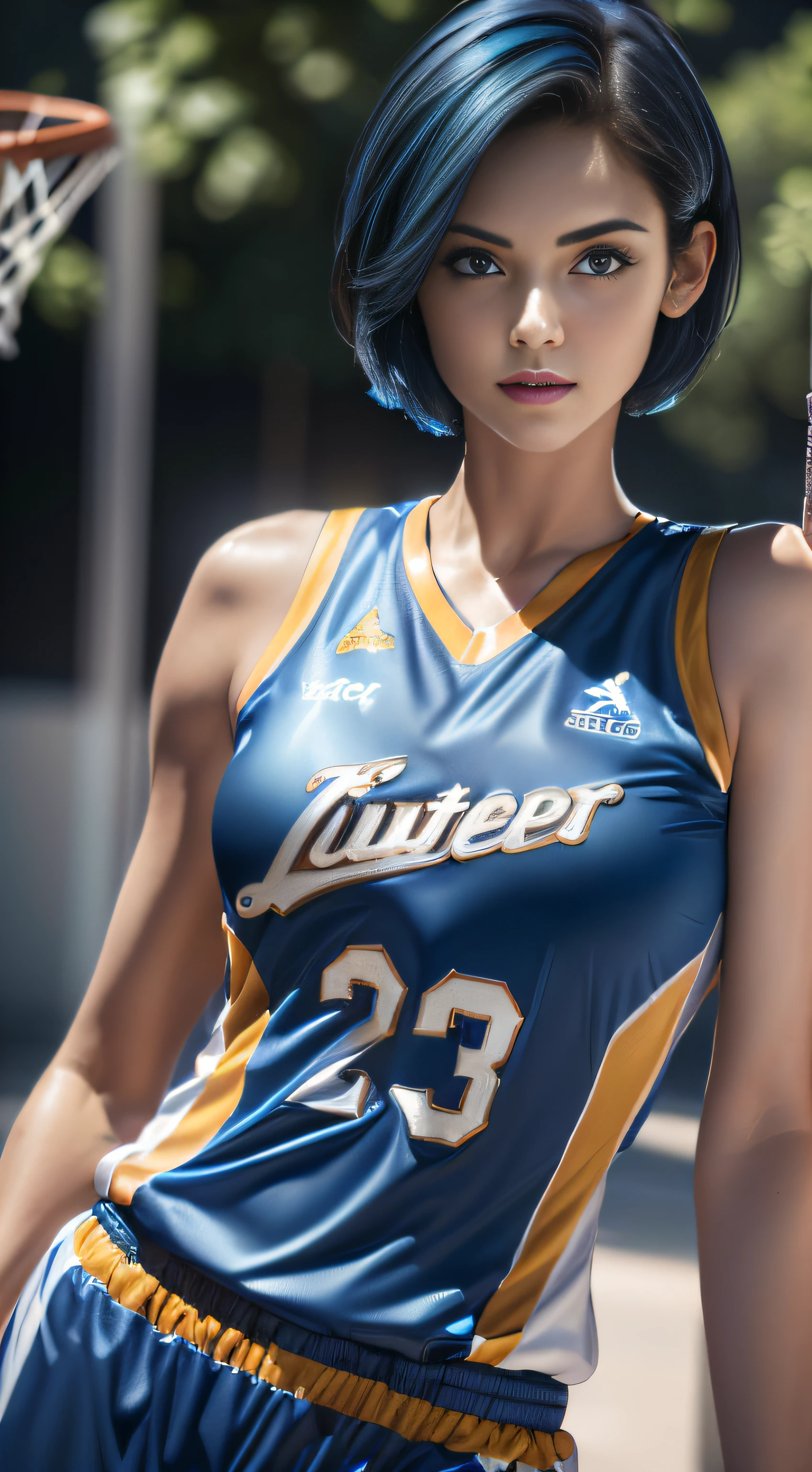 (Masterpiece, best quality, photorealistic, highres, photography, :1.3), close-up shot, sharp focus, (1 girl, girl, hot model), realistic skin, (slim body shape), side swept short ((hair with blue color)), extremely detailed hair, delicate face, shiny lips, ((wearing basketball jersey)), outdoor, ((realistic, super realistic, realism, realistic detail))