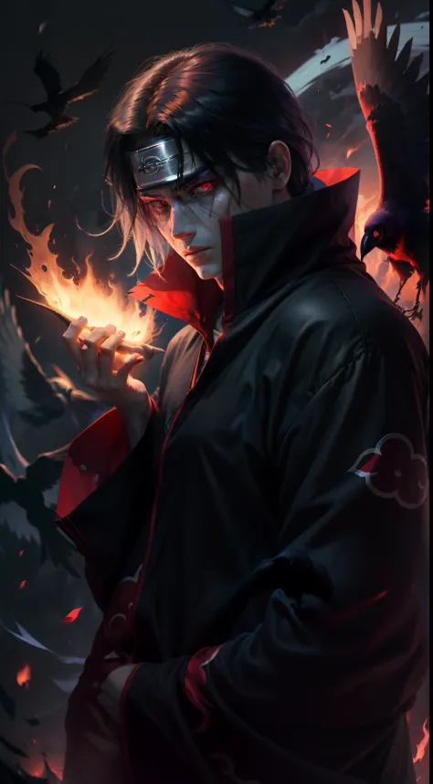 Itachi Uchiha, darkness envelops him, flaming Sharingan eyes, a raven by his side, hidden powers awaken, black flames consuming ...