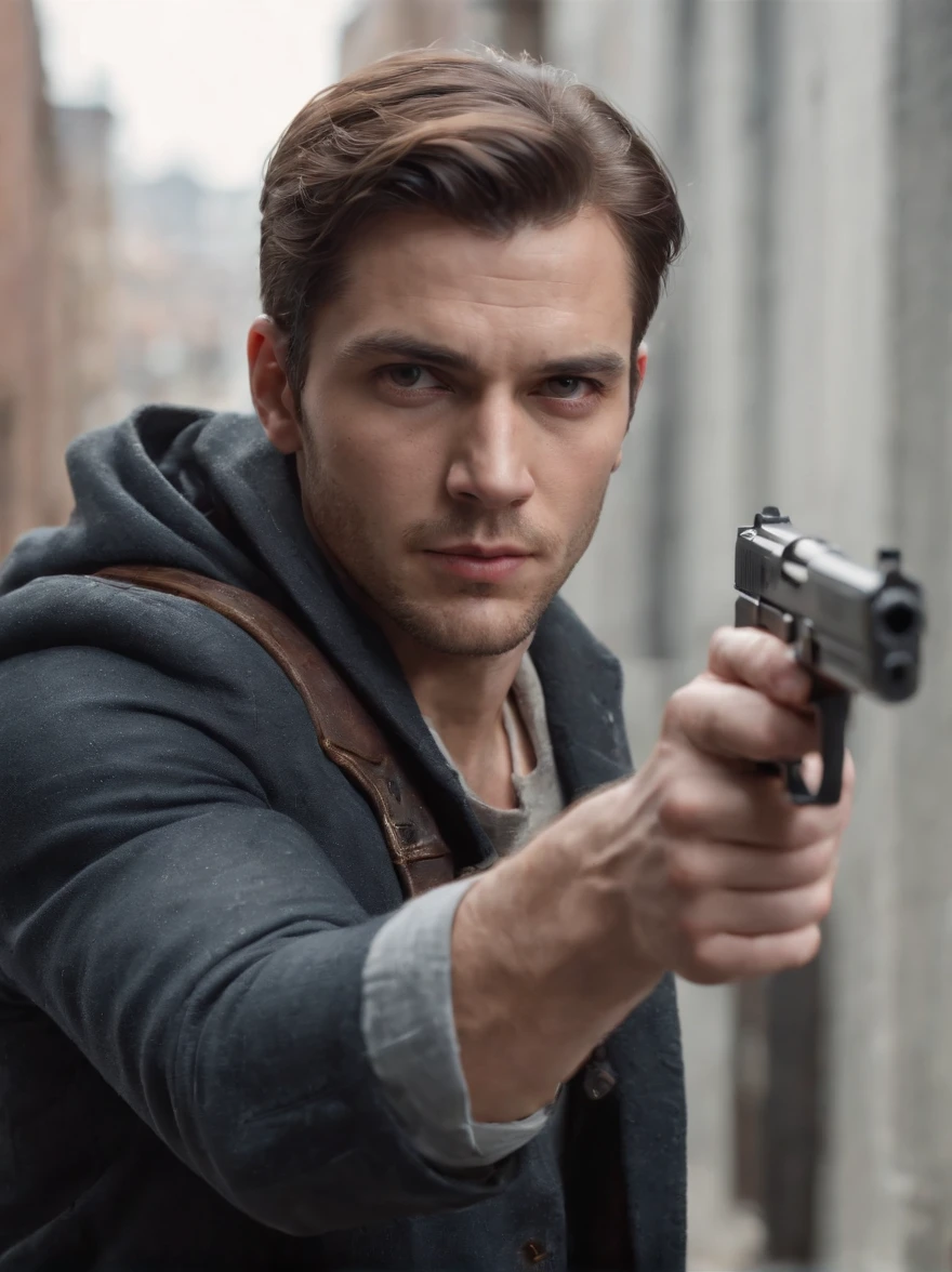 An American thief holding a pistol, gun, aiming forward, looking towards the camera, horrific, look into the camera, detailed, shot, dramatic, daylight, indoor studio light, medium shot, highly detailed, thief clothing, evil, crook, thief, gun, vibrant, detailed texture, detailed face expression, medium shot, full body, ultrawide, long full shot, full body, realistic, bright, ultrarealistic, realistic focus faces, bright scene, city, 8k