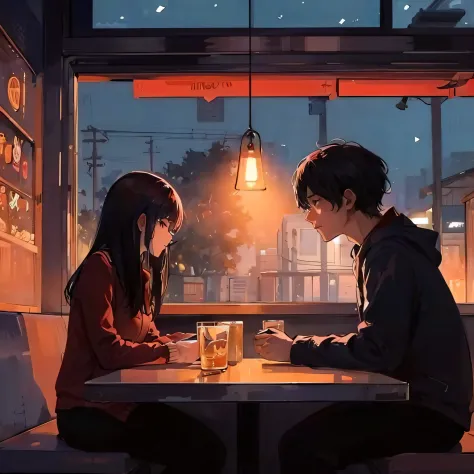 un hombre y una mujer en un cafe  Atardecer en la ciudad,romantic ambiente,Momento cautivador,Dramatic lighting,Paisaje urbano,A...
