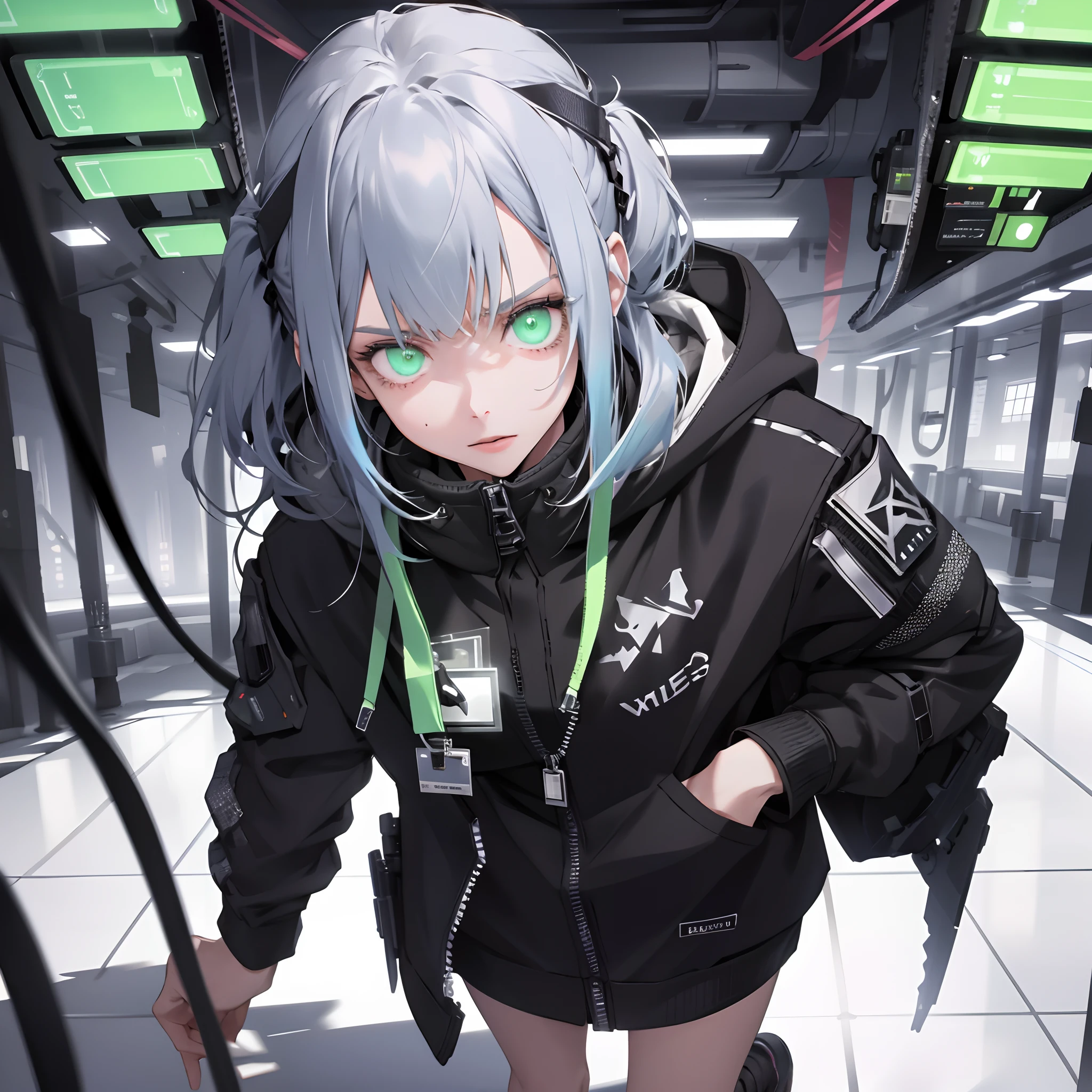 (absurdres, highres, ultra detailed), 1girl, solo, extremely detailed eyes, colorful, highest detailed, looking at viewer, solo, (full body:0.6), detailed background, detailed face, (watchdogs theme:1.1) evil high-tech futuristic hacker, advanced technology, hoodie, techwear, wearable device, keycard, electronics, (holographic display:1.05), access denied, numbers, computer, server room in background, green lights, stealth, dark sinister atmosphere, shadows,