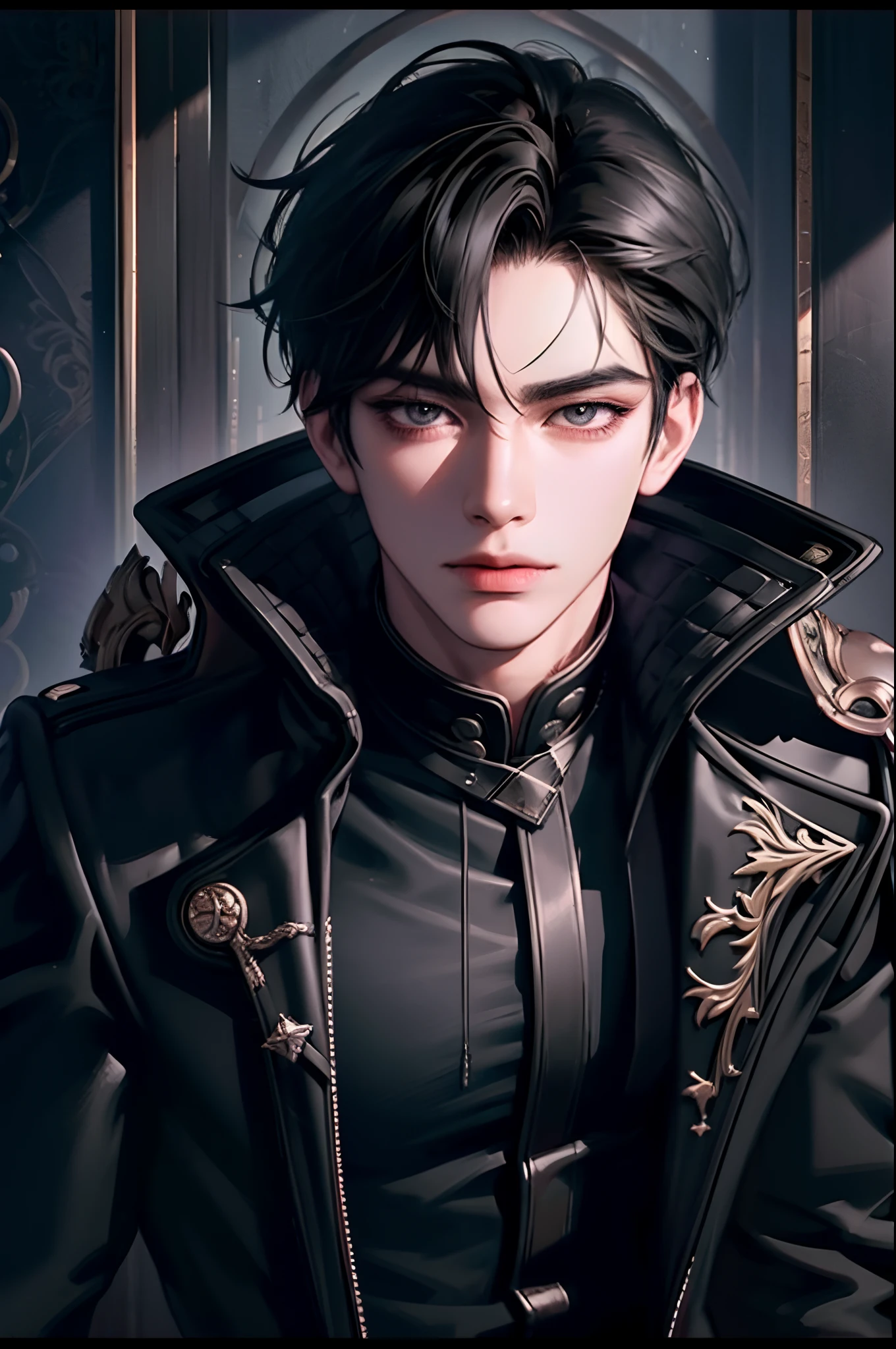 masterpiece, best quality, 1man, adult, male focus, solo, medium black hair, vibrant black eyes, looking at viewer, closed mouth, emo, Fantasy aesthetics, Highly detailed, shadowverse style, leather coat