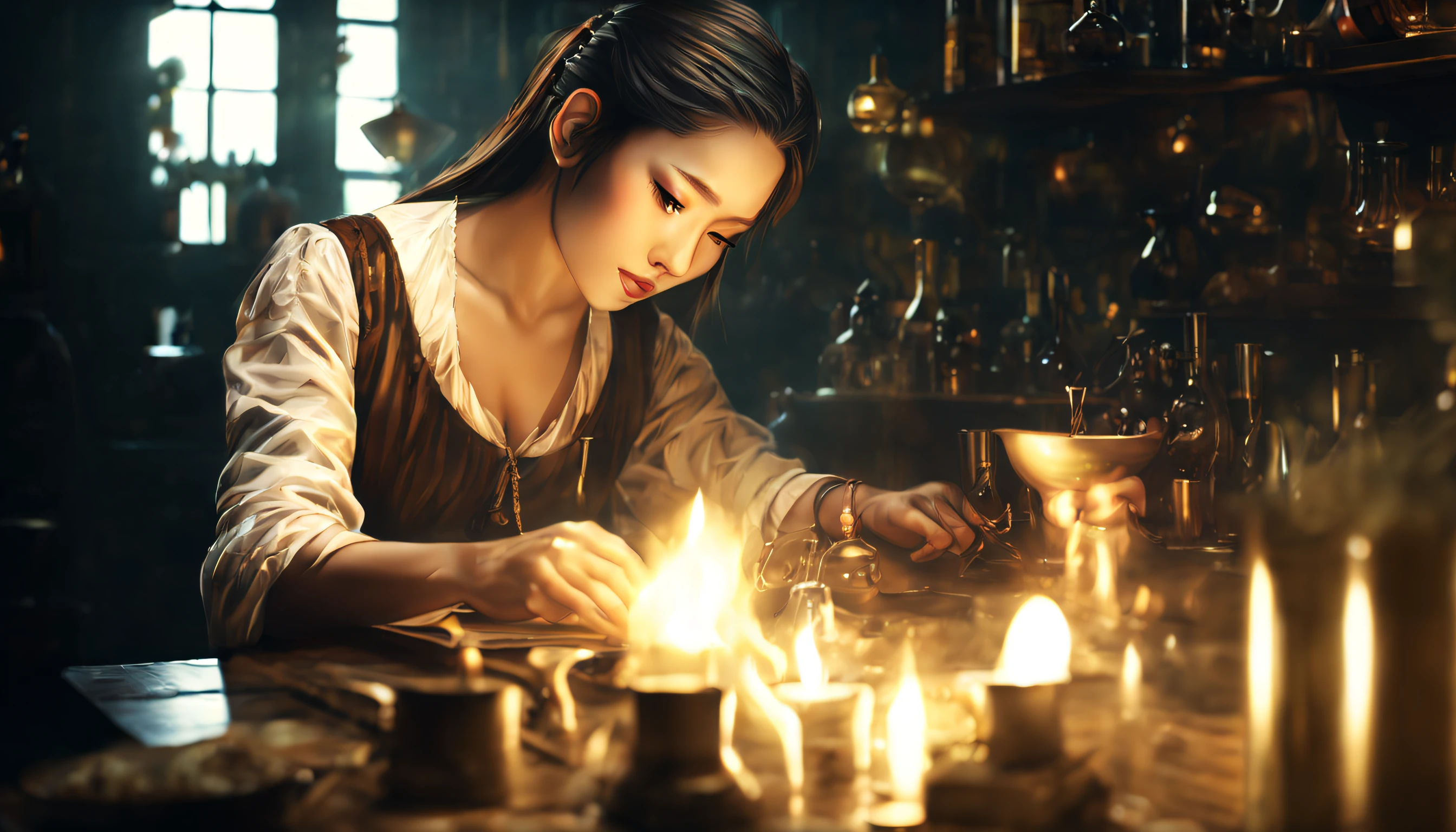 1 vietnamese girl with beautiful eyes, alchemist, alcohol, apple, bald, bar (place), bare shoulders, bartender, basket, beard, black hair, blurry, blurry background, book, bookshelf, bottle, braid, breasts, brown eyes, brown hair, brown vest, candle, candlelight, chair, cleavage, closed eyes, closed mouth, coat, collared shirt, cup, dark, depth of field, dress, earrings, facial hair, fire, food, from side, fruit, glasses, head tilt, holding, hood, indoors, jar, jewelry, lamp, light bulb, lips, long hair, long sleeves, looking at viewer, looking down, male focus, manly, medium breasts, mustache, necklace, old, old man, old woman, pendant, piercing, plant, ponytail, pouring, profile, realistic, ring, robe, round eyewear, shirt, short hair, sitting, sleeves rolled up, smile, smoke, solo, spoon, sunlight, table, twin braids, upper body, vest, watermark, wavy hair, web address, black hair, white shirt, window, wrinkled skin, writing, zipper high detail (uhd:2) canon mark4 photo realistic  picture real people lot of detail