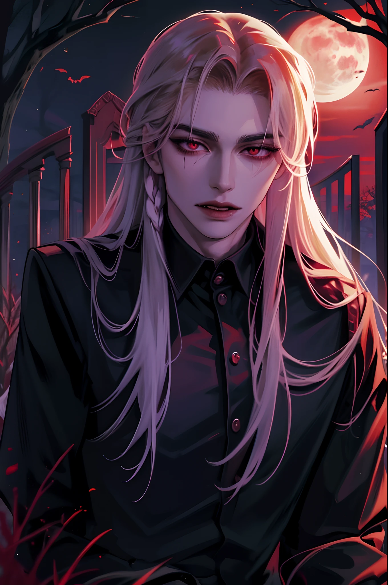 handsome, male, man, long hair, pale, strikingly handsome vampire immersed in a Halloween-inspired aesthetic, deep red moonlit night scenery, vampire, vampire fangs, red eyes, bloody mouth