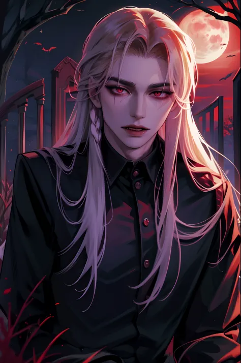 handsome, male, man, long hair, pale, strikingly handsome vampire immersed in a Halloween-inspired aesthetic, deep red moonlit n...