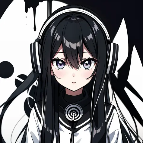 manga, black and white, girl, long hair, headphones, spiral eyes