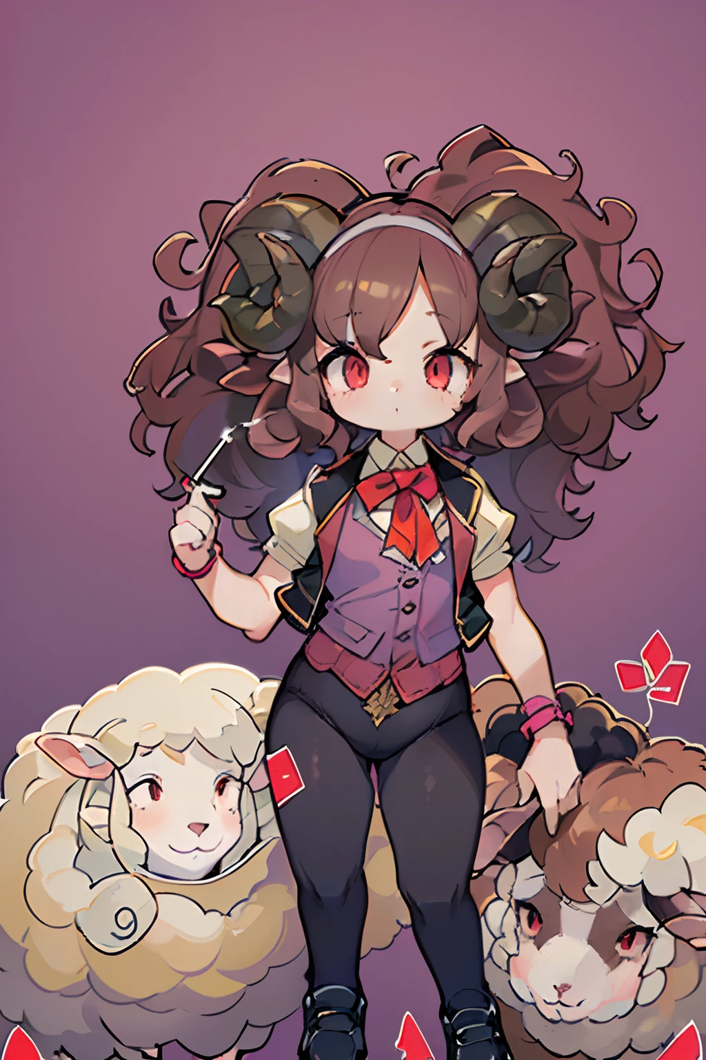 ((portrait):1.5),((9-year-old girl /with sheep's horns):1.5), bulging hips,((brown curly hair):1.2),(wearing a vest:1.4),(black shoes:1.5) ((red eyes):1.3), smoking a cigarette,((single background):1.5),4k,