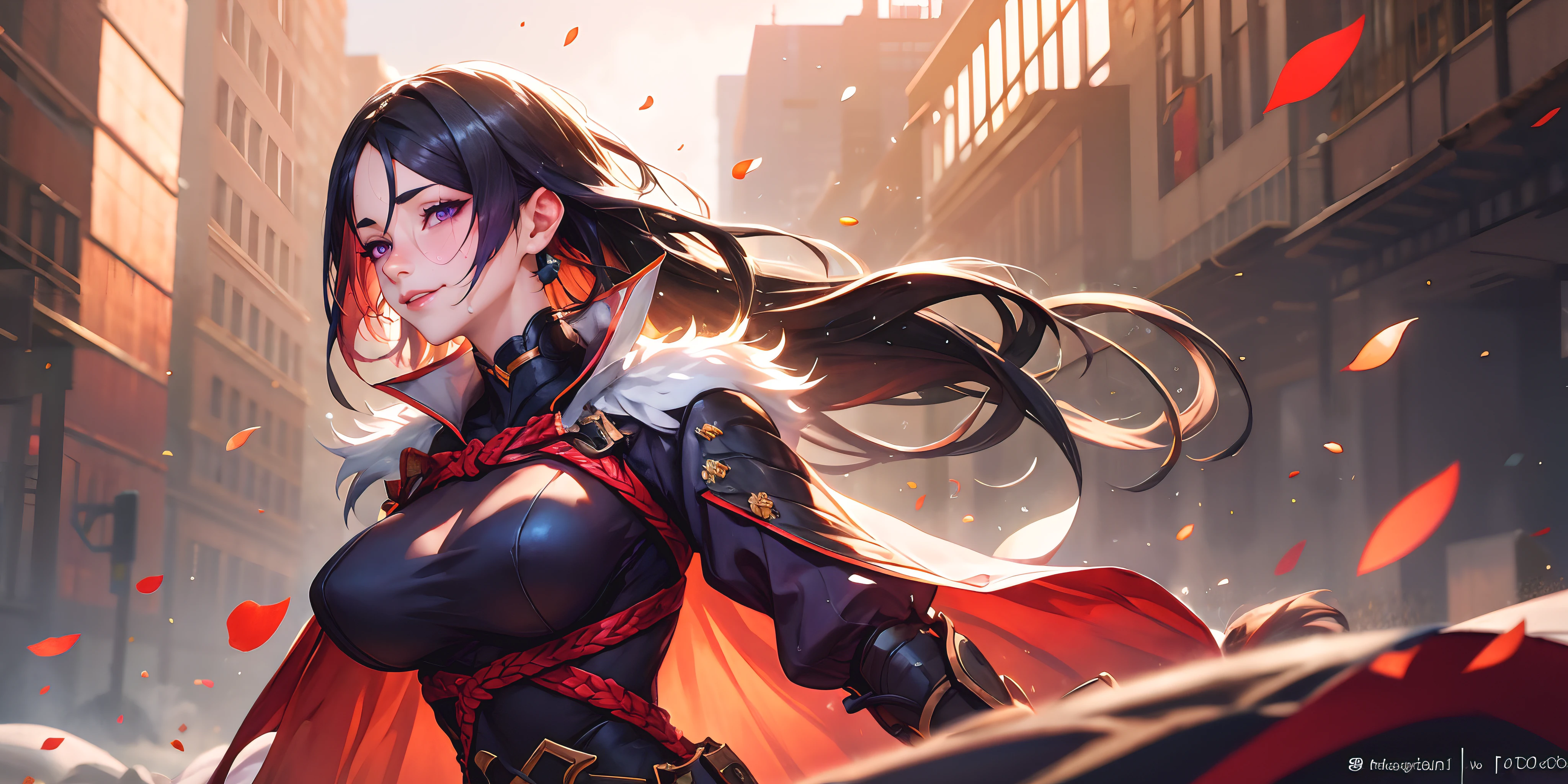 (dark-puprle hair, long hair:1.6), purple eyes, epic art, fantasy art, realistic, 1girl, breasts, belt, solo, wind, cape, floating_hair, large_breasts, holding, jewelry,  looking_at_viewer, long_sleeves, petals, parted_lips, earrings,  buckle, glow effects, godrays, Hand drawn, render, 8k, octane render, cinema 4d, blender, dark, atmospheric 4k ultra detailed, cinematic, Sharp focus, big depth of field, Masterpiece, colors, 3d octane render, 4k, concept art, trending on artstation, hyperrealistic, Vivid colors, extremely detailed CG unity 8k wallpaper, trending on CGSociety, Intricate, High Detail, dramatic, cyberpunk art