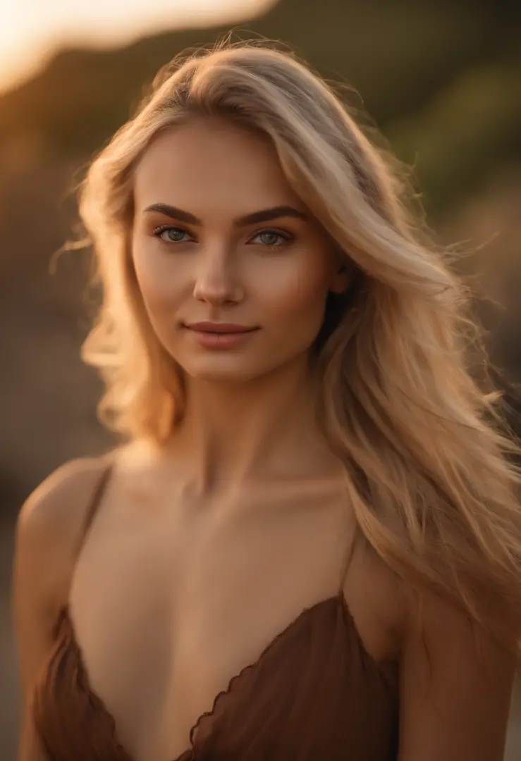 RAW, analog, Nikon Z 85mm,((best quality)), ((masterpiece)), ((realistic)),far fromthe camera image, gorgeous russian woman, blond, 18 year old, posing in a beach, wearing lingerie petite, smile with teeth showing, ((small breasts)), intricate details, hig...