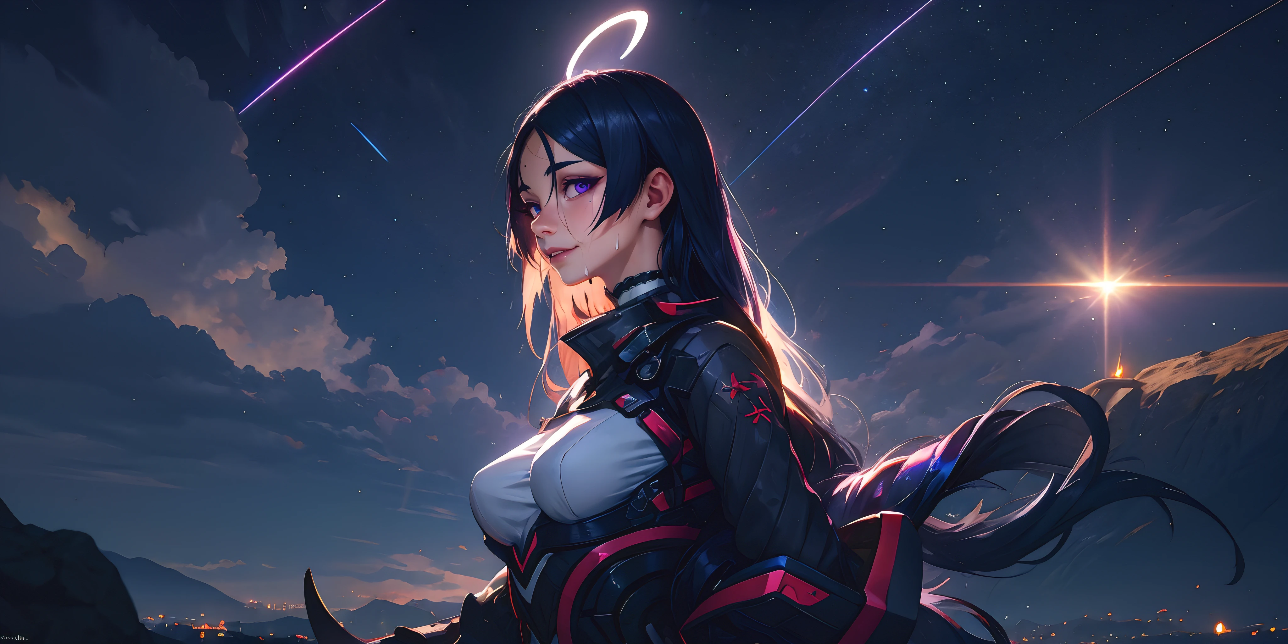 (dark-puprle hair, long hair:1.6), purple eyes, 1girl, sky, starry_sky, star_(sky), night, cloud, solo, shooting_star,  night_sky,  looking_at_viewer, outdoors, halo, breasts, lips, cloudy_sky, upper_body, mountain,  large_breasts, glow effects, godrays, Hand drawn, render, 8k, octane render, cinema 4d, blender, dark, atmospheric 4k ultra detailed, cinematic, Sharp focus, big depth of field, Masterpiece, colors, 3d octane render, 4k, concept art, trending on artstation, hyperrealistic, Vivid colors, extremely detailed CG unity 8k wallpaper, trending on CGSociety, Intricate, High Detail, dramatic, cyberpunk art