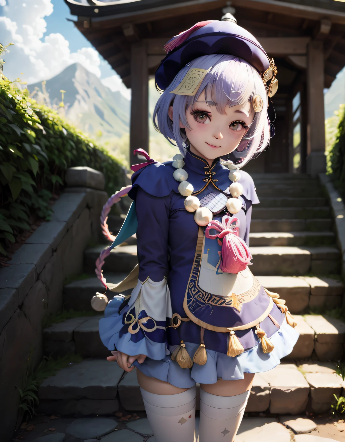 (masutepiece, of the highest quality, Best Quality, Official art, Beautiful and aesthetic:1.3,Photorealistic:1.4,),  Cute:1:4,  qiqidef, Upper body, Smile, blush, Outdoors, day, Simple background, Blue sky, Short hair, skyporn, temple, Looking at Viewer, stairs, mont, Moody lighting,