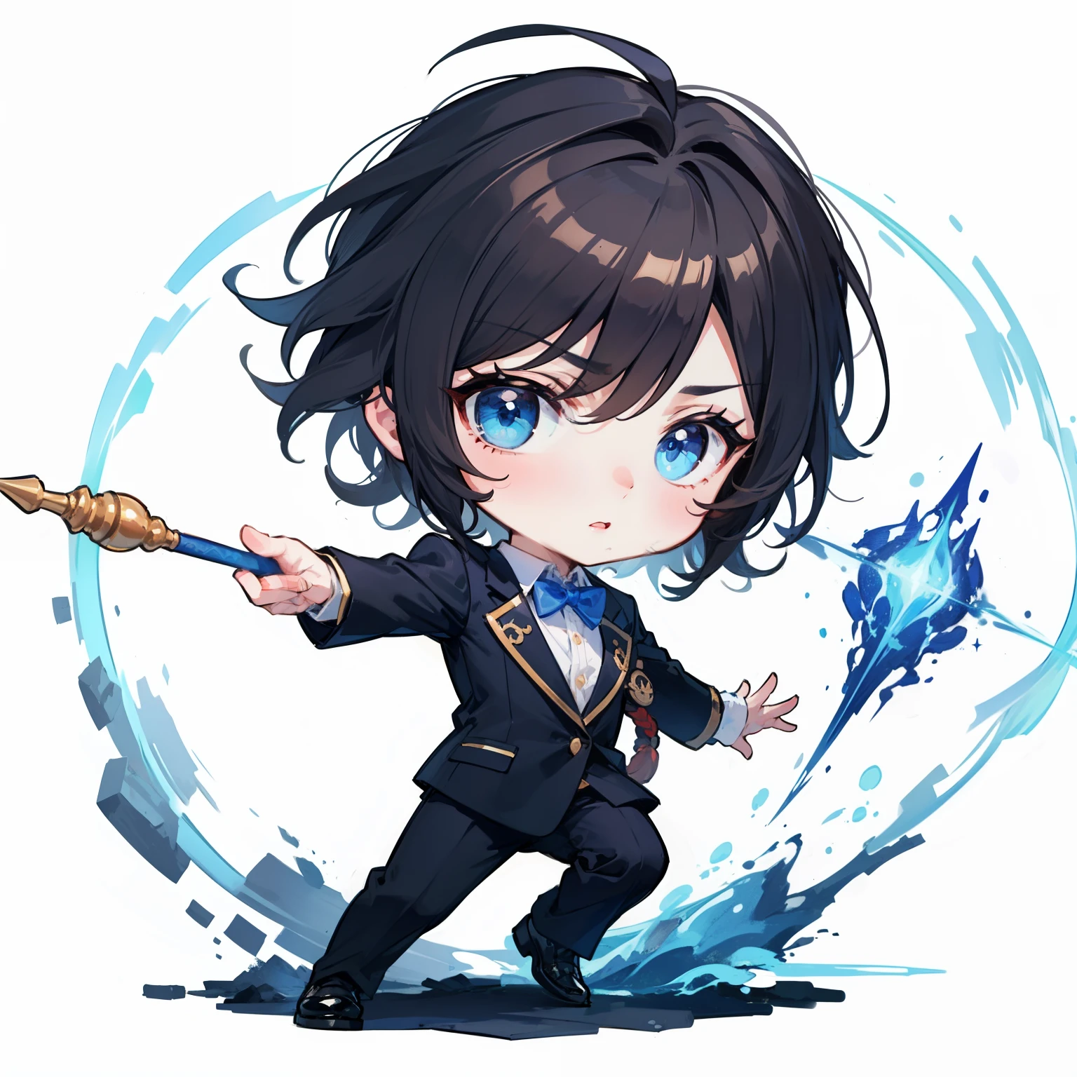 tchibi, ((full bodyesbian)), 1 boy wearing a black blazer, very short brown hair, Blue eyes, Magic wand in hand, fightingpose, chibiStyle, White background