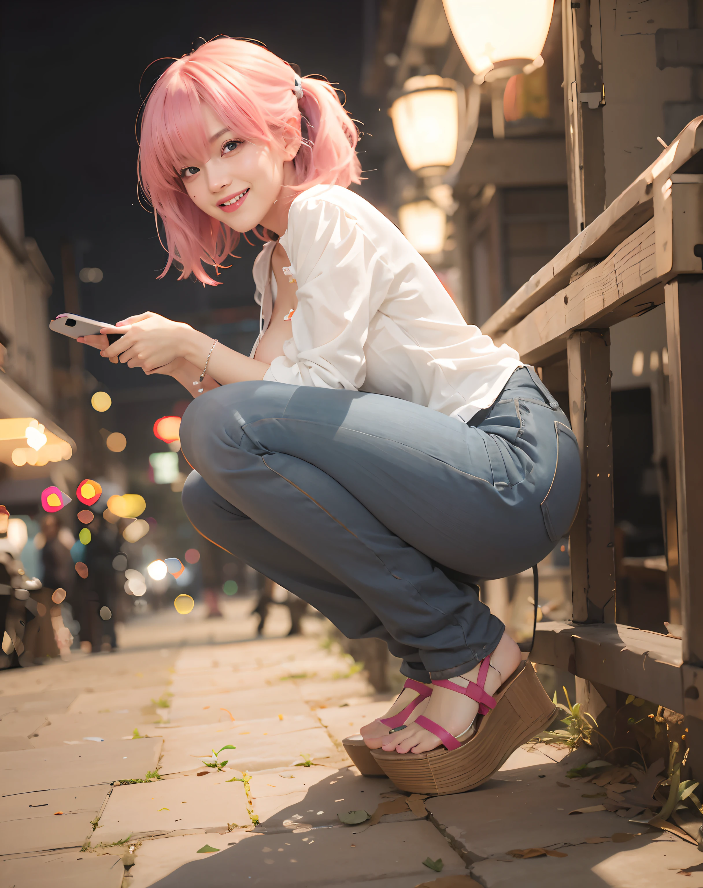 araffe girl with pink hair sitting on a bench looking at her cell phone, anime girl in real life, cute girl with short pink hair, with pink hair, the anime girl is crouching, beautiful anime girl squatting, attractive anime girl, kawaii shirt and jeans, anime girl cosplay, anime style mixed with fujifilm, young anime girl, anime girl, masterpiece, superdeformed, (((full body:1.3))), ultra high res, RAW photo, masterpiece, ultra detailed, 8k, full detailed hair, highres, best quality, ultra high res, ultra detailed face and eyes, (((photorealistic:1.4))), looking at viewer, (((smiling:1.2))), cute, (((large breast:1.7))), (((ray tracing:1.4))), ((((long legs:1.4)))), Best quality , masterpiece, large hip, Fully facial detailed, beautiful, ((very detailed of hair )) , (((16 years old:1.2))), thin lips, big eyes, highres, seducing, blue eyes , slim waist, 8k:1.2, 16k:1.2, highres, karol bak uhd, inspired by hajime sorayama, sensual gravure idol, buxom chested, panasonic lumix s pro 70mm