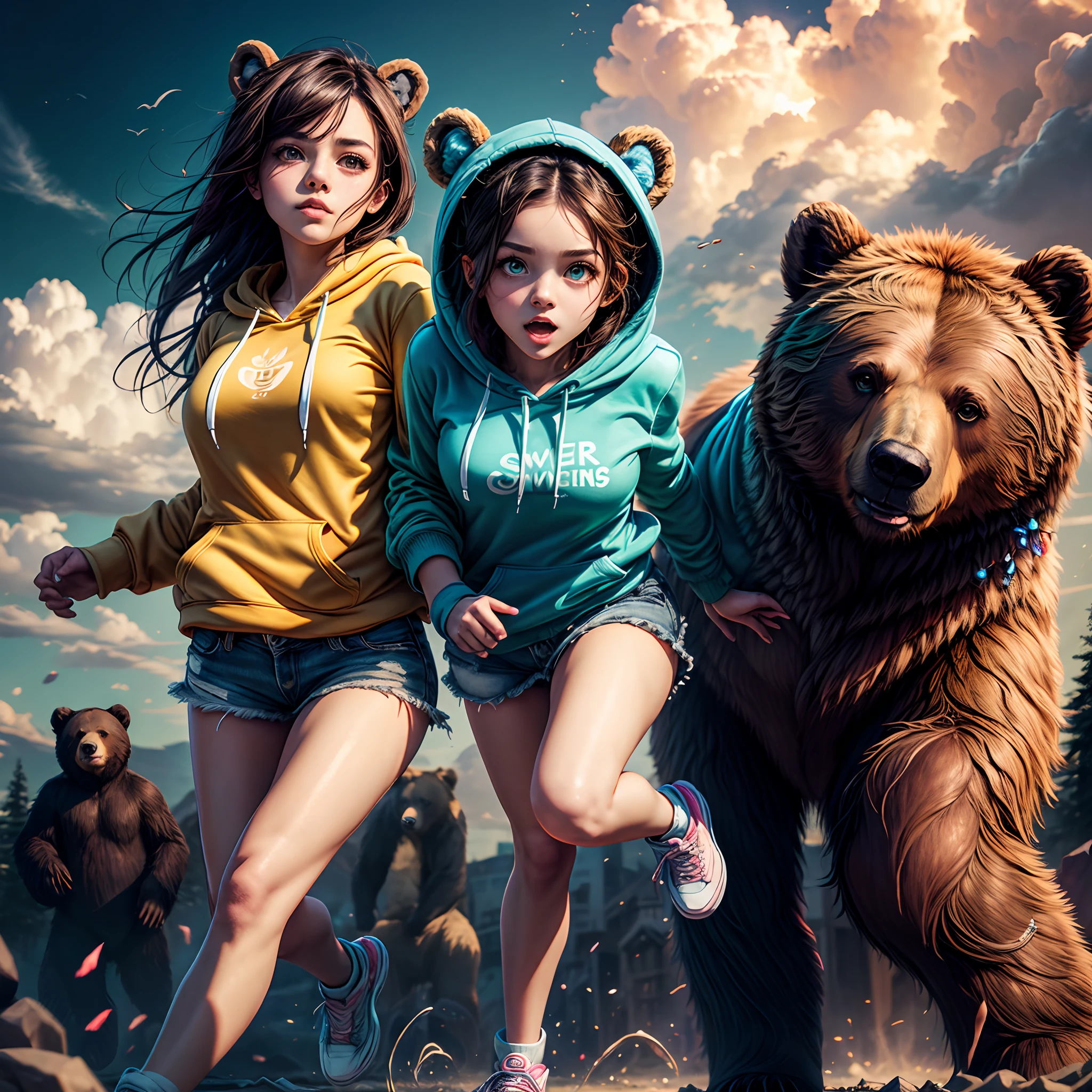 full body, 2 cute girls in hoodie skipping, artistic, artist, simple volumetric light background, swirling clouds, large brown detailed eyes, 2 girls, bear ears, bear gloves,colorful