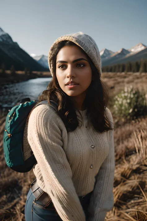 Amala Paul ((upper body selfie, happy)), masterpiece, best quality, ultra-detailed,  solo, outdoors, (night), mountains, nature, (stars, moon)   cheerful, happy, backpack, sleeping bag, camping stove, water bottle, mountain boots, gloves, sweater, hat, fla...