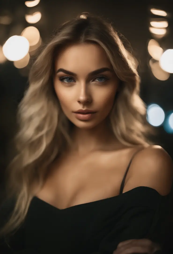 A close up of a woman with long blonde hair and a black top - SeaArt AI