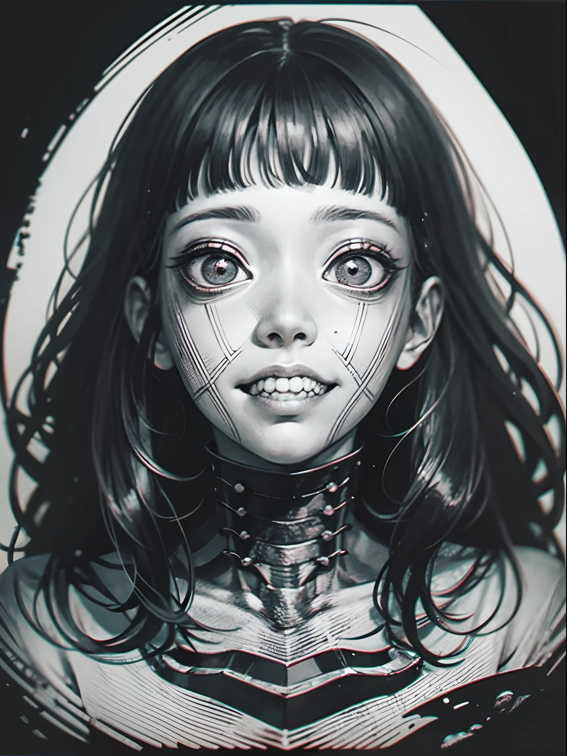 Junji Ito:1.5), portrait of girl, creepy, dark, black and white