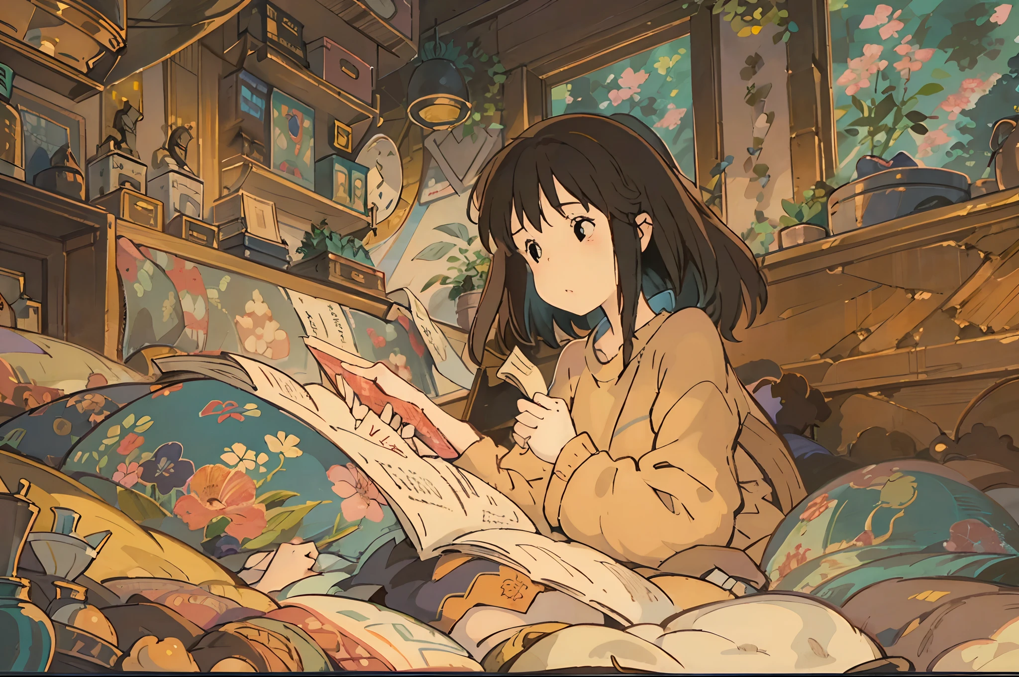Uma ilustração digital de 2 meninas totalmente absorvidas na leitura em uma cama confortável, inspirado no estilo de Hayao Miyazaki. A obra de arte deve ser preenchida com detalhes encantadores e cativantes, irradiando um toque de fantasia. As meninas devem ter lindo, olhos cativantes que são intrinsecamente detalhados, bem como lábios maravilhosamente delicados. A cena deve ser visualmente atraente, Com um ambiente aconchegante e convidativo. A ilustração deve ser criada usando vários meios, como ilustração digital, para melhorar o efeito visual geral. A atenção aos detalhes deve ser notável, garantindo que cada elemento seja retratado com a máxima precisão. A imagem deve possuir uma qualidade extremamente alta, com resolução de 4k ou 8k, e ser uma obra-prima por si só. O estilo da obra de arte deve capturar a essência das obras renomadas de Hayao Miyazaki, apresentando uma mistura única de imaginação, narrativa, e visuais vibrantes. As cores utilizadas devem ser quentes e convidativas, criando uma atmosfera relaxante e aconchegante. A iluminação deve ser habilmente renderizada, iluminando a cena de forma suave e gentil. Geral, A ilustração deve transportar os espectadores para um mundo de maravilhas e magia, onde podem mergulhar plenamente na alegria da leitura. A combinação do estilo icônico de Miyazaki, detalhes encantadores, tons quentes, e uma pitada de fantasia deve se unir para criar uma obra de arte inspiradora e cativante.