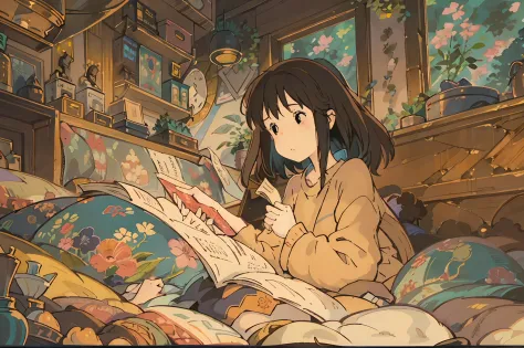 A digital illustration of 2 girls fully engrossed in reading on a comfortable bed, inspired by Hayao Miyazaki's style. The artwo...