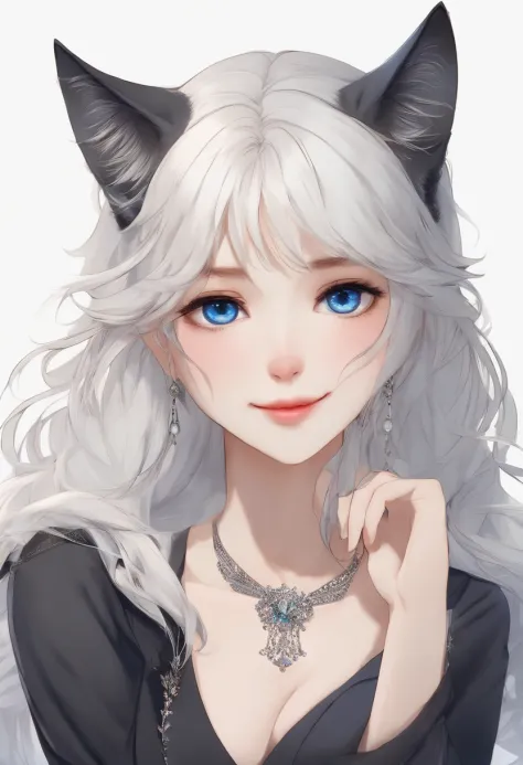 (Masterpiece: 1.2, highest quality), (real photo, intricate details), 1 Lady, Solo, Upper body, Casual, shoulder length hair, Minimal makeup, Natural fabric, Face close-up, Smile, Home, white hair, blue eyes, cat ears,