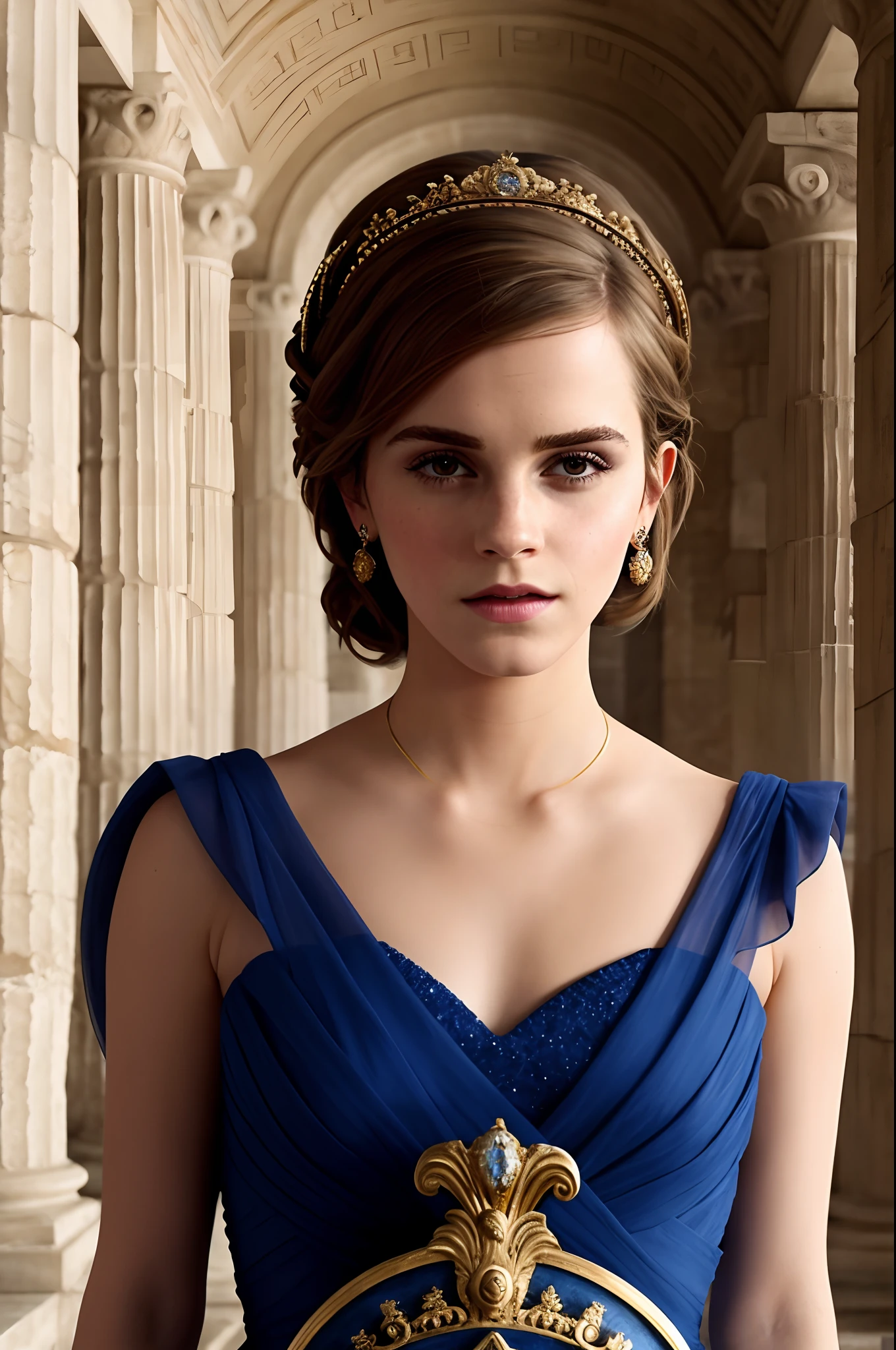 Emma Watson, as the embodiment of Athena, stands regal in an ancient Greek temple. Her gaze exudes wisdom and strength. The soft, ethereal light gently bathes her form, casting subtle rays that highlight her features. The fusion of classical Greek sculpture and modern portrait art captures the essence of both time periods. The color scheme of ivory, gold, and cobalt blue adds a touch of divine elegance to the scene. This digital painting is a portrait masterpiece that showcases the beauty and wisdom of Emma Watson as Athena.