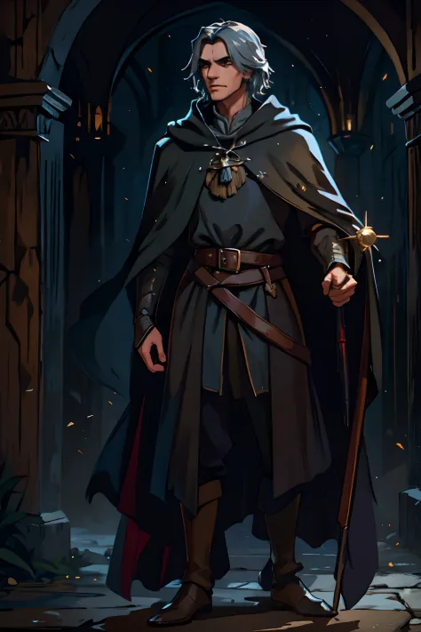 Closeup of a tall thin young man in cloak and cape standing in a dark room, Man with long arms and legs, flowing robes and leather armor, imagem de um alquimista masculino, male artificer, Arte conceitual de The Witcher, arte conceitual medieval, Arte do p...