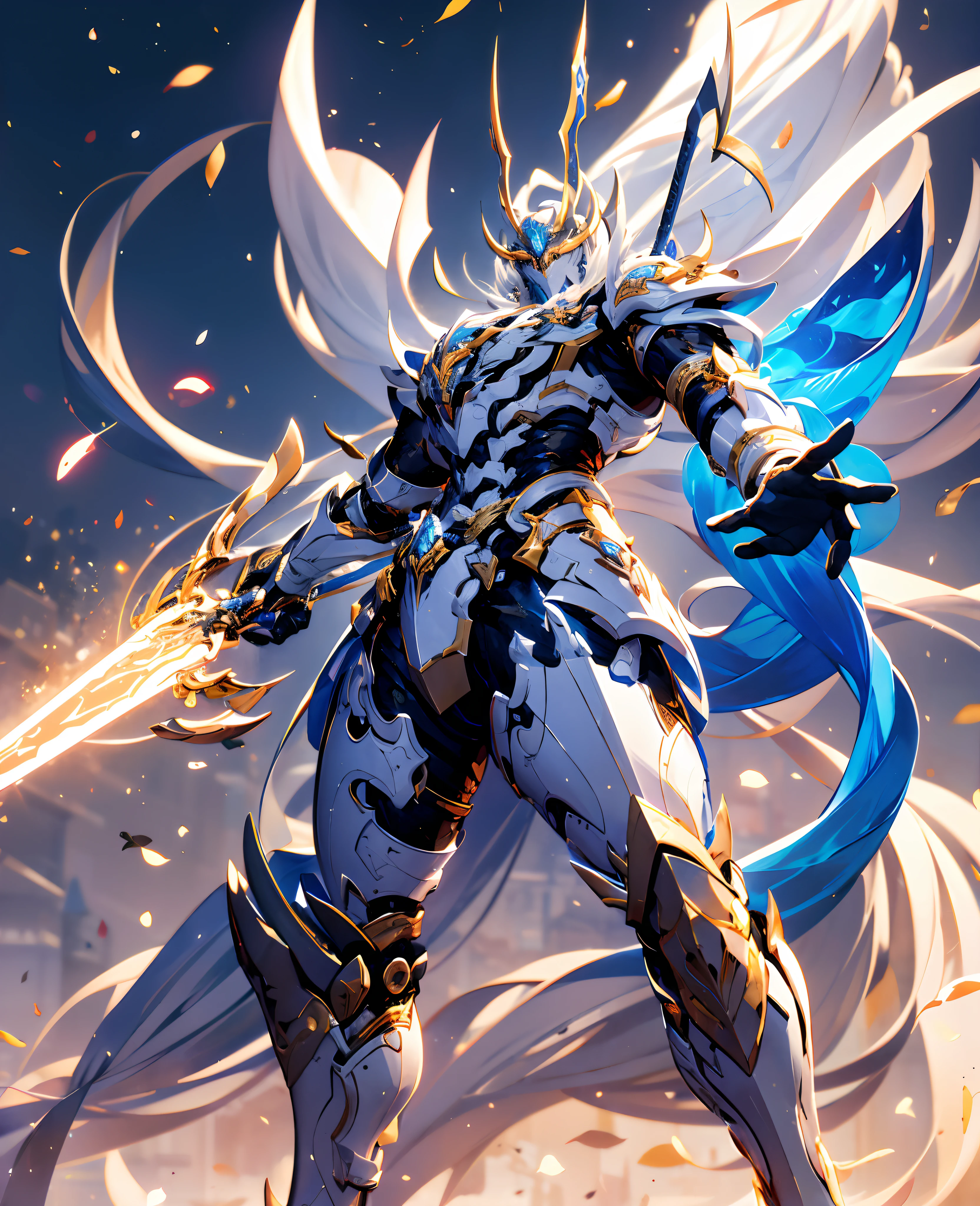 Futuristic tech style,Blue and white mech，All surrounded by particle dragons，With a spear，in a fighting stance，（《Romance of the Three Kingdoms》，《zhao yun》，Full body mecha,Fighting posture）, Keqing from Genshin Impact, (Masterpiece) ， The best quality， High quality，Gold armor，电影灯光， （Exquisite future）， Beautiful and beautiful， Ultra detailed， great composition， Floating， Depth of field， （Very detailed CG，Unity 8k壁纸）， （Beautiful detail background）， dramatic lights， GOGETTA， Mecha，best qualtiy，超高分辨率，Vivid Wait for it to begin