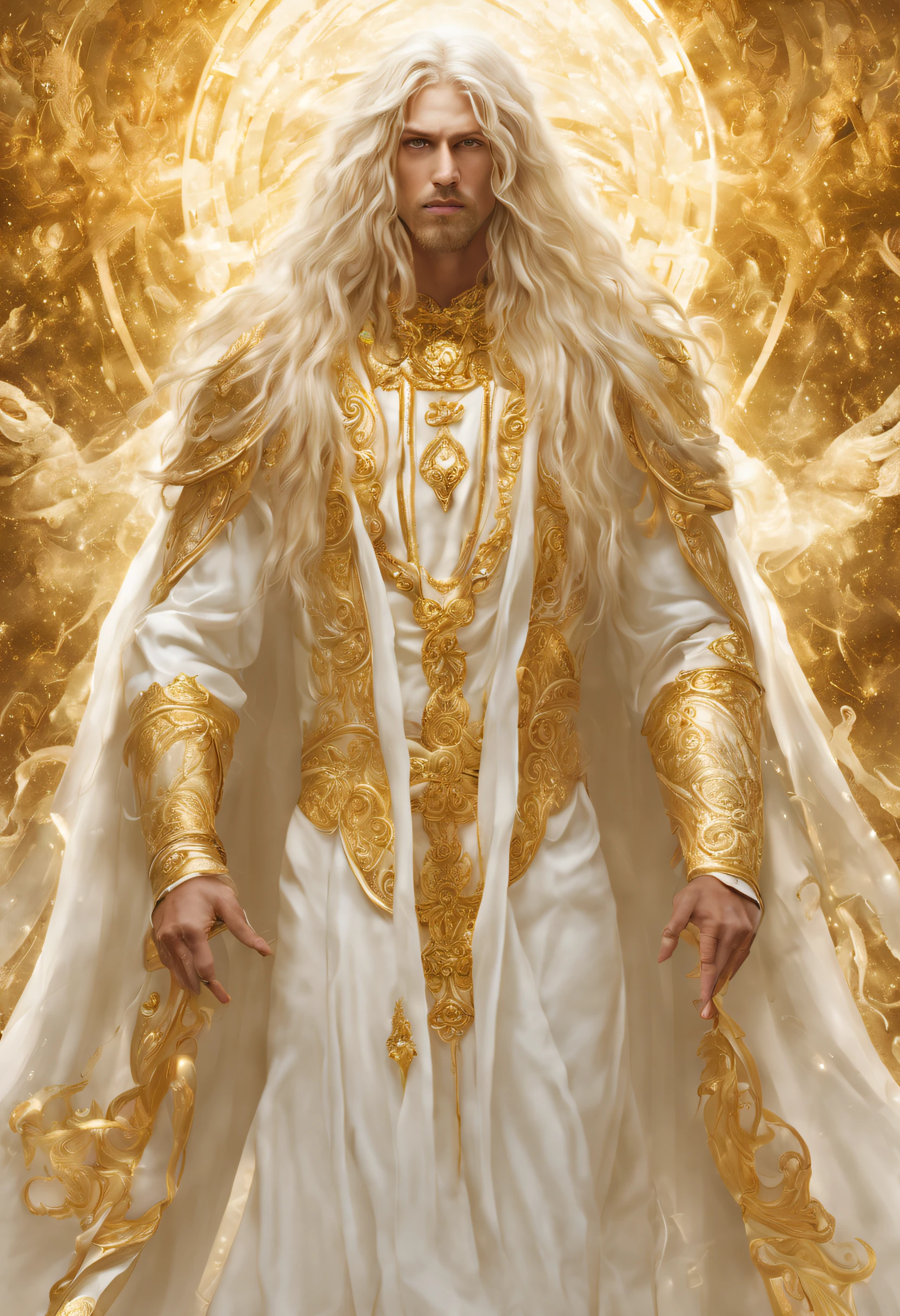 Shapeshifter, god, male with long golden hair, Gold eyes, white divine robes