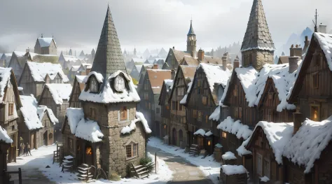there is a picture of a town with a clock tower in the middle of it, a bustling magical town, winter concept art, medeival fanta...