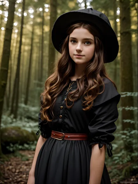 Cute 12 year old European girl,  in the dark forest, The Great Black Wolf behind her, Traditional Medieval Clothing, red hat, se...