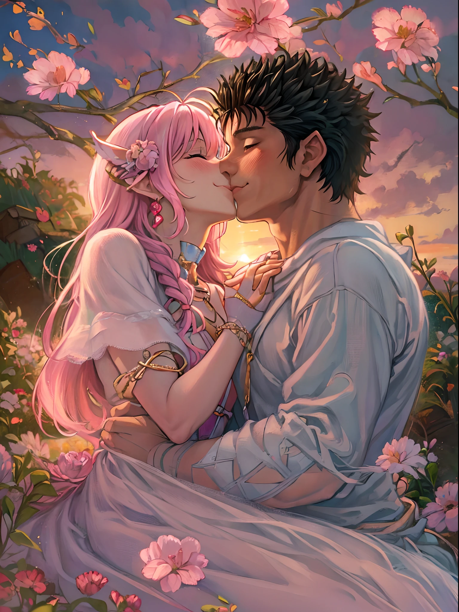 riamu,guts,Paar,Ehemann und Ehefrau,love dovey Paar,Sitzung,Umarmung,Kuss,lächeln,(beste Qualität,4k,8k,highres,Meisterwerk:1.2),ultra-detailliert,(realistisch,photorealistisch,photo-realistisch:1.37),traditionelle Ölmalerei,romantische abendszene,sanfte Beleuchtung,lebendige Farben,ausdrucksstarke Pinselstriche,Sonnenuntergang im Spätsommer,süße Nichtigkeiten flüstern,leichte Briese,traumhafte Atmosphäre,glühende Wärme,subtle lächelns,liebevolle Blicke,Zarte Berührung,Finger ineinander verschlungen,herzliche Verbindung,Umarmung, die Bände spricht,Endlose Liebe,Untrennbare Verbindung,Pure Fröhlichkeit,ewige Liebe,Tiefe Zuneigung,Zufriedenheit in den Armen des anderen,Gänsehaut vor Freude,mit Rouge gefüllte Wangen,ein in der Zeit eingefrorener Moment,Feier der Schönheit der Liebe, berserk, idolm@ster