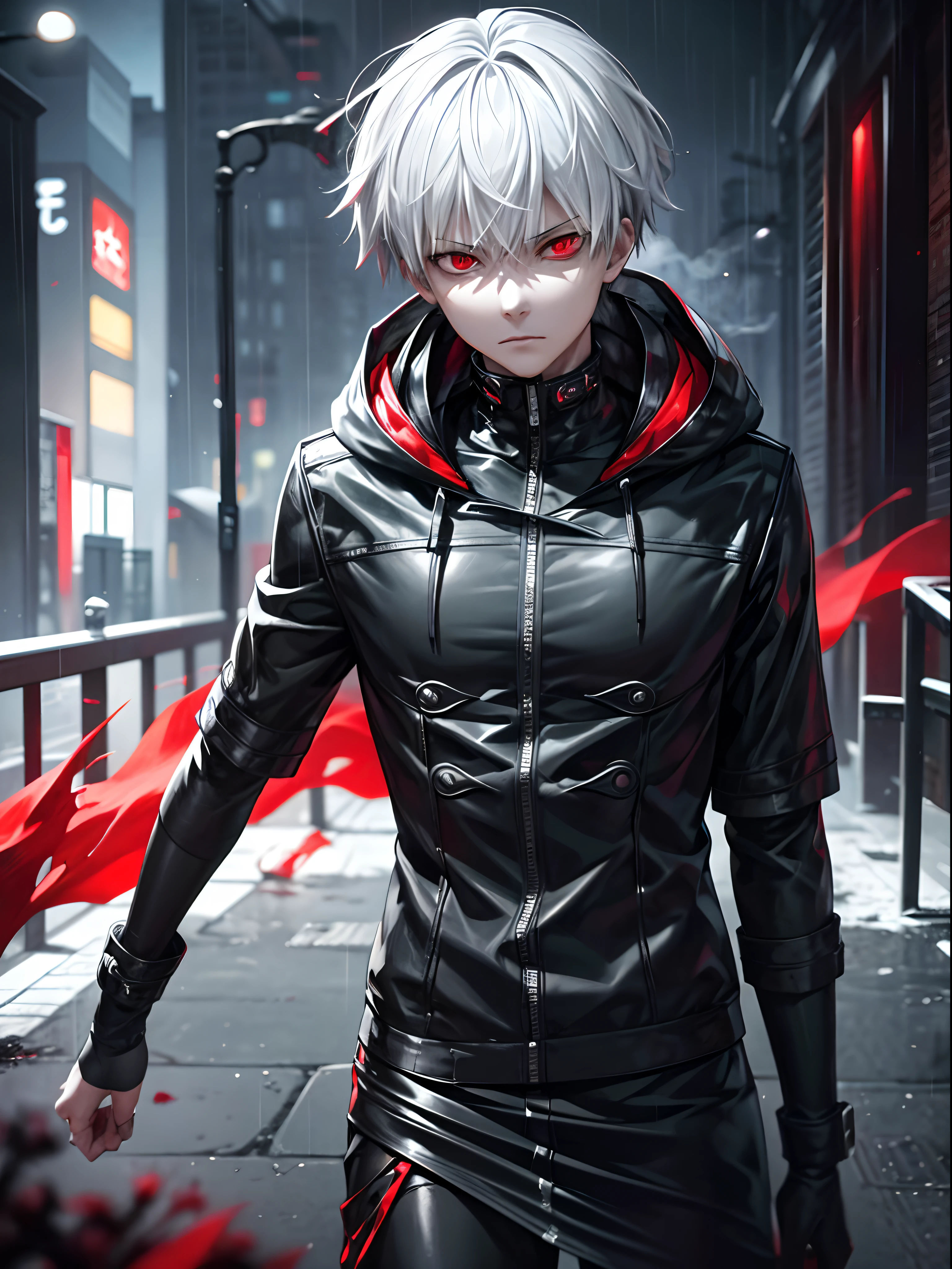 A male character, Kaneki Ken, hoodie, dripping rain, red and black color palette, detailed eyes and face, red eyes, silver hair, menacing aura, dark ambiance, mysterious atmosphere, intense expression, urban setting, smoke and shadows, haunting presence, stylish and edgy, ray tracing, perfect blend of light and darkness, intense gaze, captivating presence, sleek and sharp, contrast of red and black, intense emotions, supernatural powers suggested, rain-soaked streets, an air of danger, enigmatic persona, urban gothic aesthetic, stormy weather, captivating and alluring, a touch of blood red, smoky streets, brooding protagonist, stormy skies