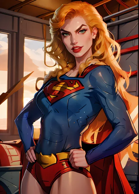 1girl, close up of sinclair, hands on hips, parted lips, hair over shoulder, evil smirk, superman costume, ship cabin, looking a...