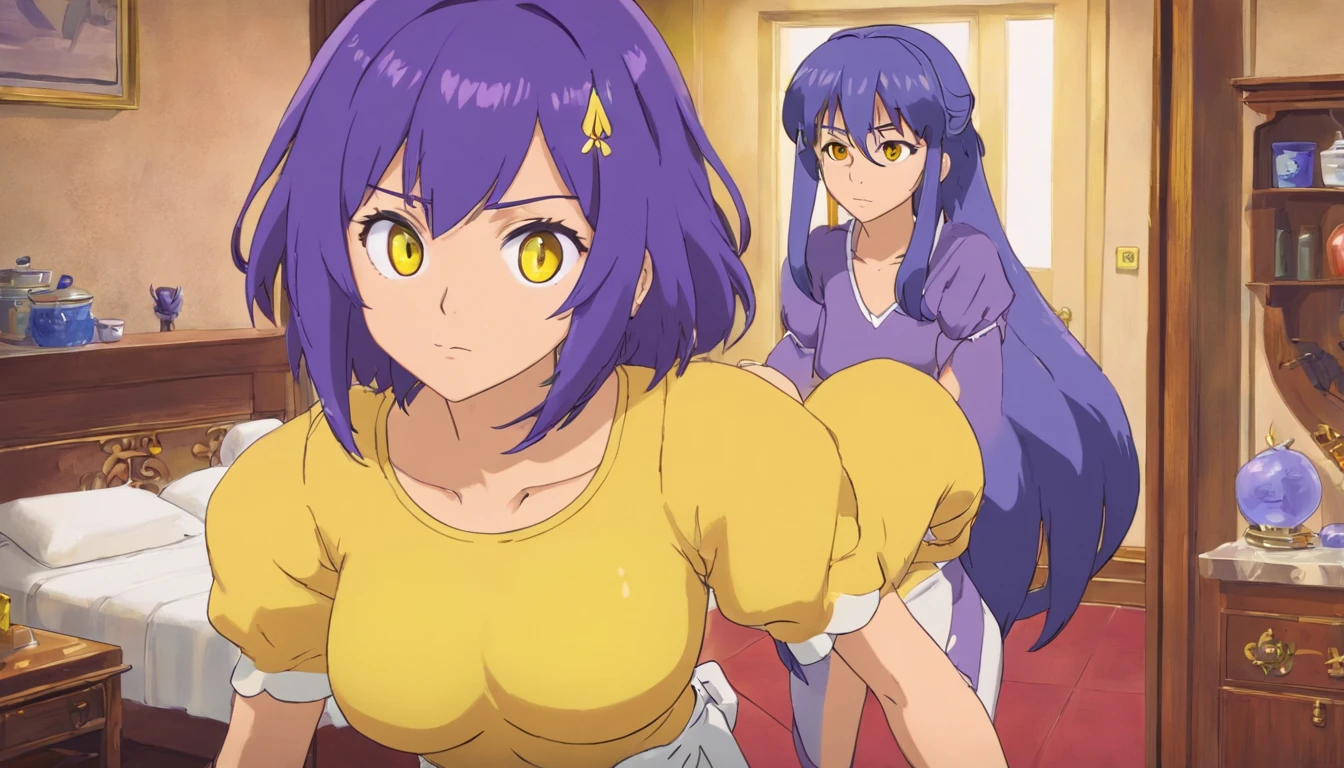 anime version girl, almost black blue hair, dressed as a cleaning lady, purple body, yellow eyes, full body, looking at the viewer, in a suite room, medium breasts, medium body, medium hips, medium ass, flowing hair, face defined, muscular