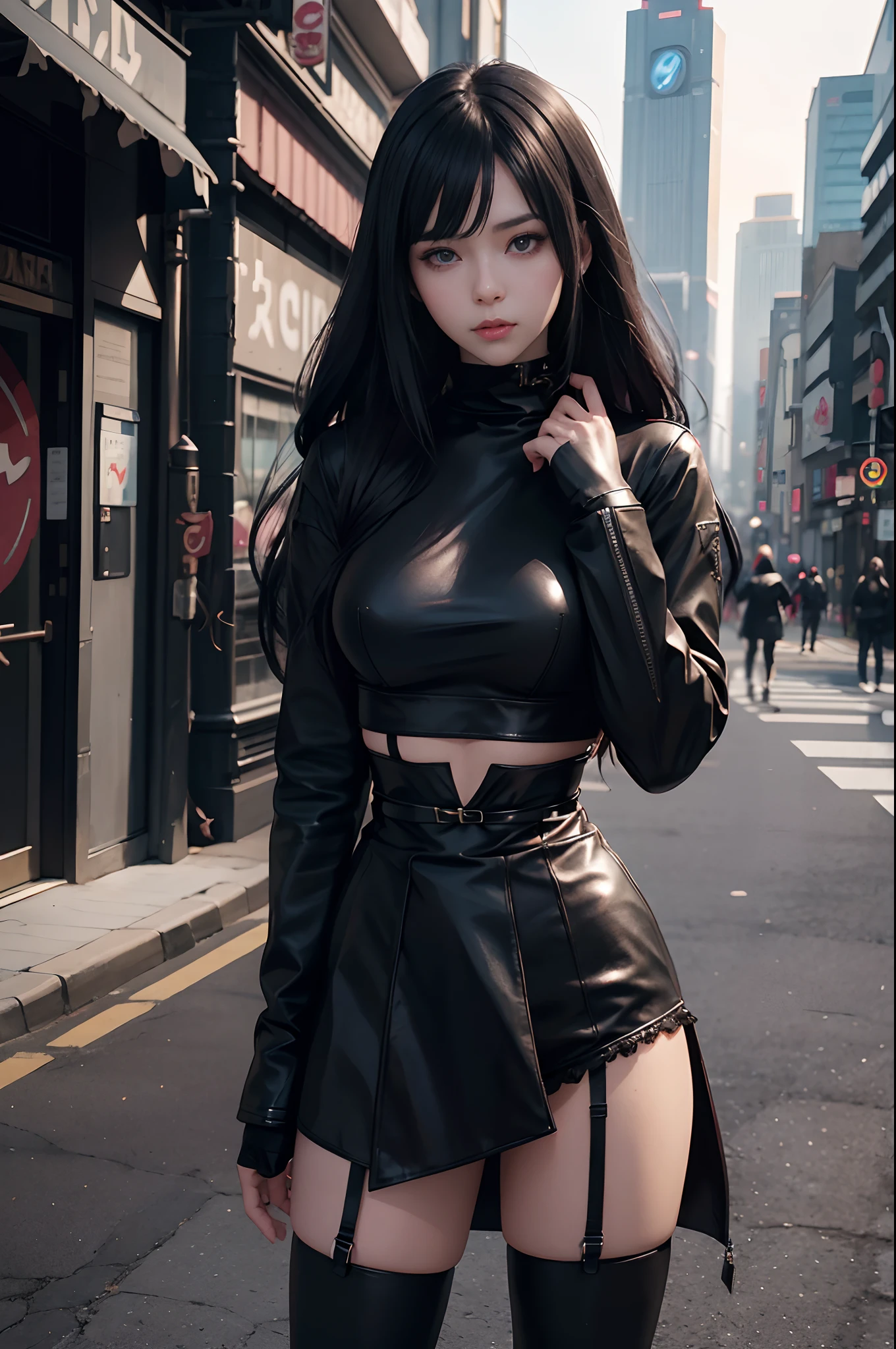 Anime girl standing on city street in leather skirt and black erotic lingerie, long-haired Ilya Kuvshinov, Guviz style artwork, anime art wallpaper 8 K, Guvitz on art station Pisif, Guwiz on Pisiv art station, cyberpunk anime art