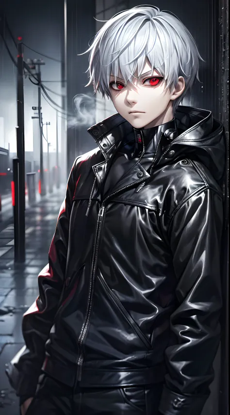 a male character, kaneki ken, hoodie, dripping rain, red and black color palette, detailed eyes and face, red eyes, silver hair,...