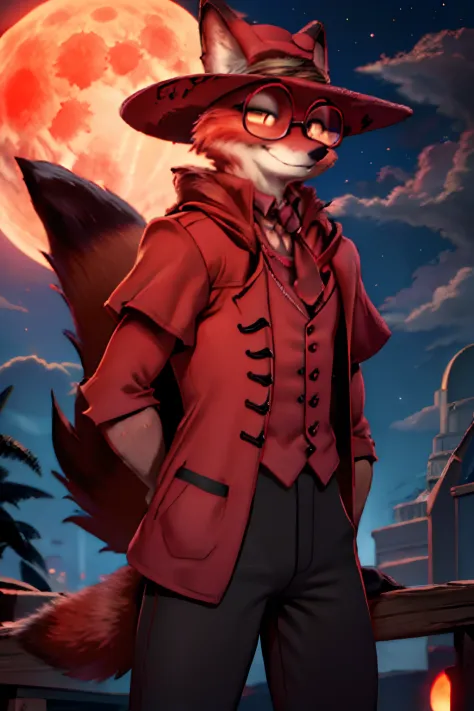 Nike, red fox, Male body, anthro, Fox head, tail, black vest, black pant, Long red cloak, Wide-brimmed red hat, Round Yellow Glasses, the night, Red Moon, A big smile, alucard, Knee-length red cloak, large hat, 20s costume