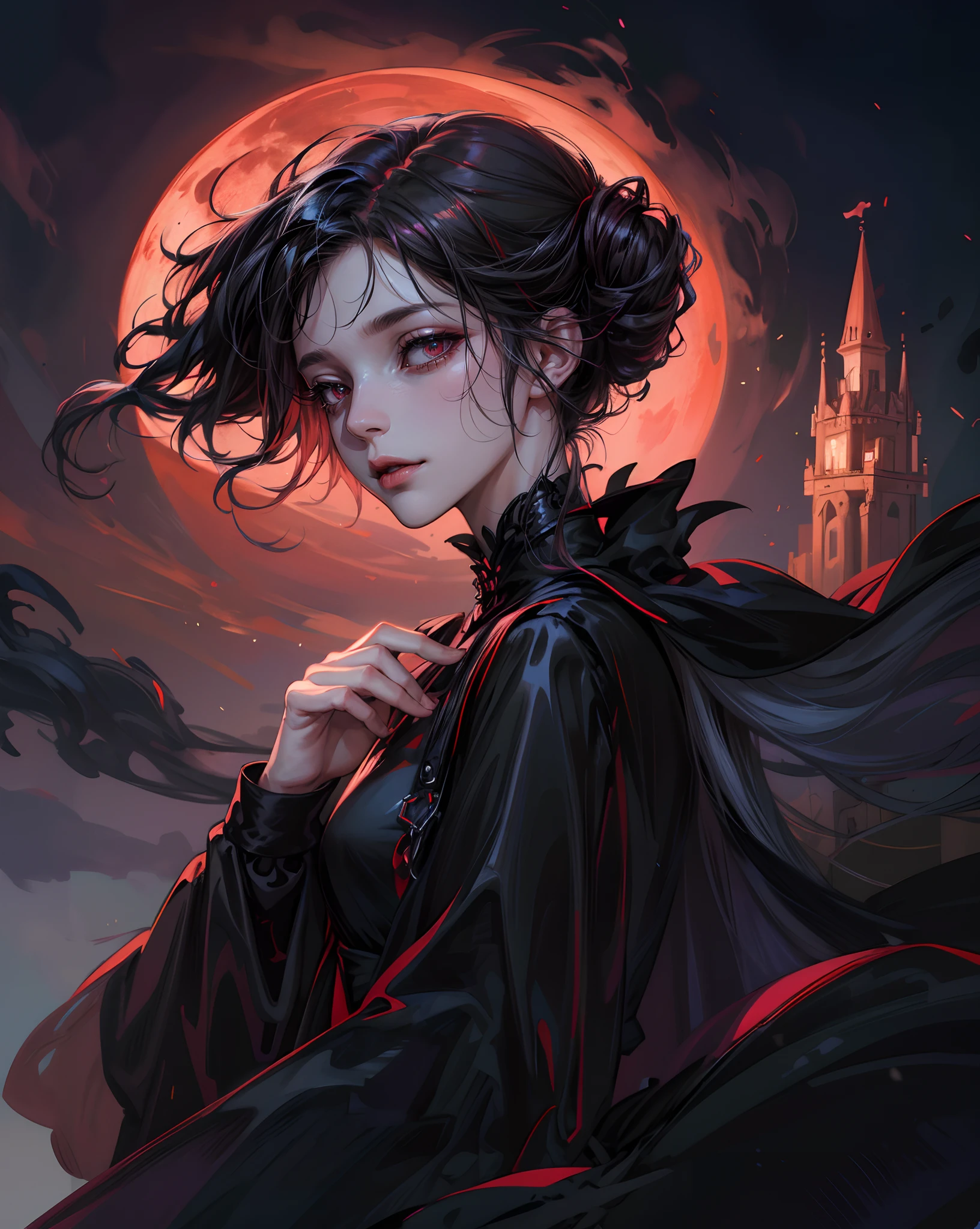 Fille à la peau pâle, wearing Beau elegant black_robe rouge, sombre_fantaisie, cheveux longs et bouclés, lune rouge, pixiv, vampire, élégant effrayant, ffxiv, dramatic Lumière, fantaisie background, Style manga, À la manière de Tsutomu Nihei, couleurs vives, Style stylo plume manga, dramatic Lumièreing, Beau_fond scintillant, ((brillant )), brillant, très détaillé, Lumière, atmosphère effrayante - qualité, ((plus de détails:1.5))