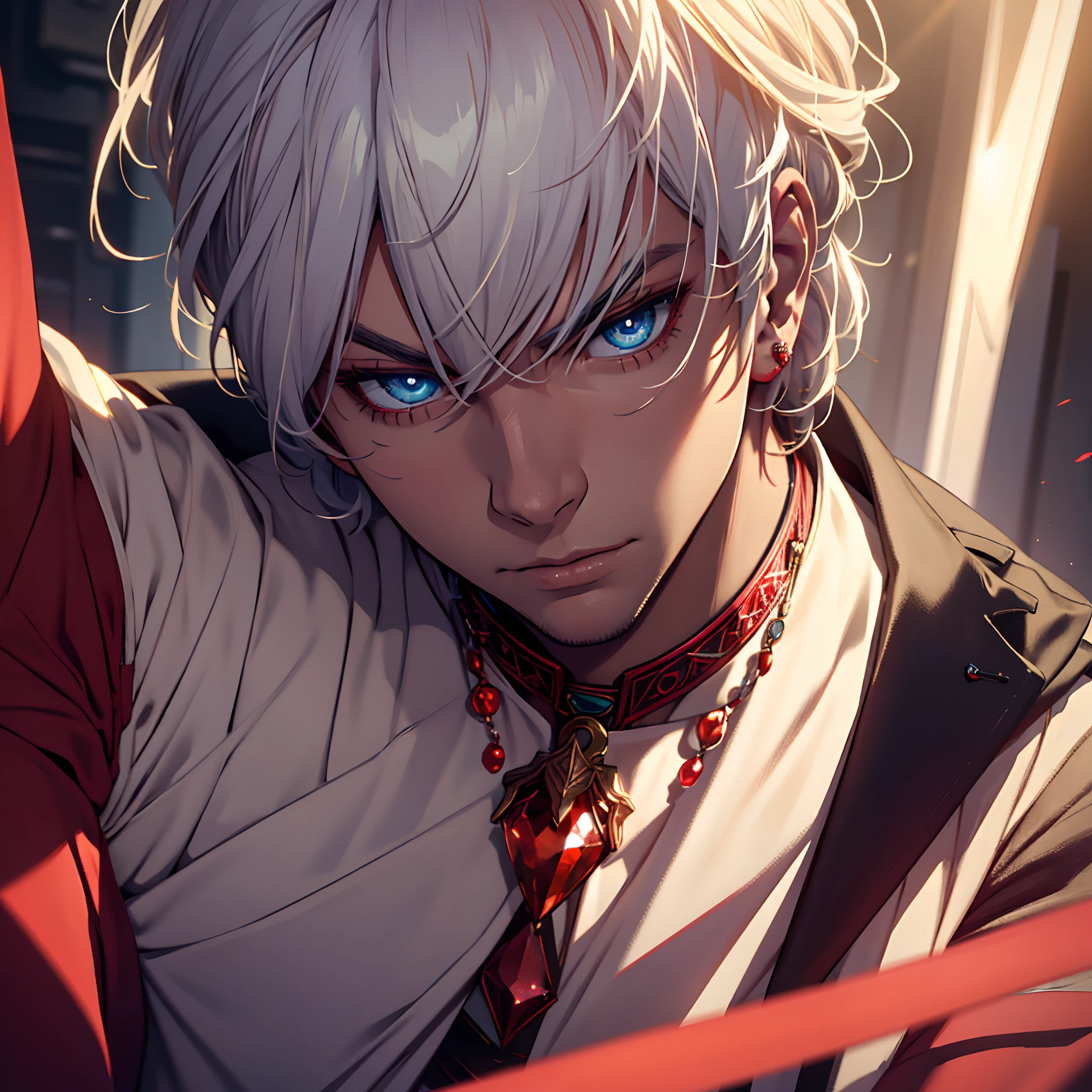 "(best quality, highres), young man,vibrant blue eyes, white hair, serious expression, necklace with a shining red gemstone, fine details, realistic lighting, vivid colors"