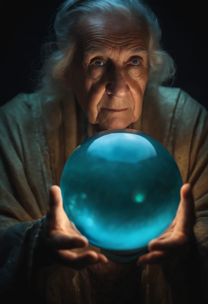 Vidente idoso com bola de cristal com bola de cristal olhando para frente