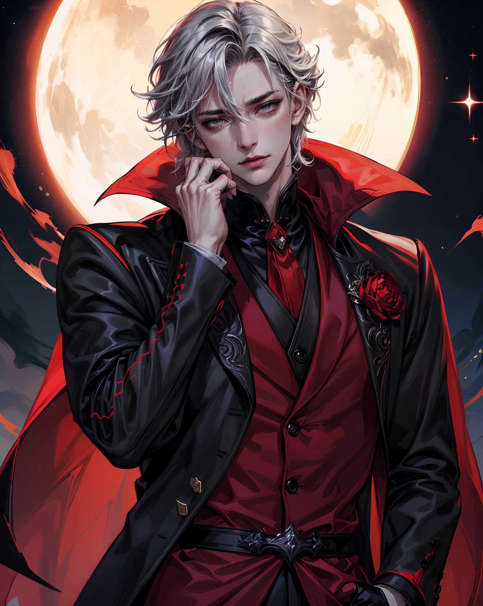 Pale skin handsome man, wearing beautiful elegant black_red suit, dark_fantasy, curly long hair, red moon, pixiv, vampire, elegant spooky, ffxiv, dramatic light, fantasy background, manga style, Tsutomu Nihei style, vibrant colors, Manga nib pen style, dramatic lighting, beautiful_sparkle background, ((shiny )), glistening, highly detailed, light, spooky atmosphere — quality, ((more details:1.5))