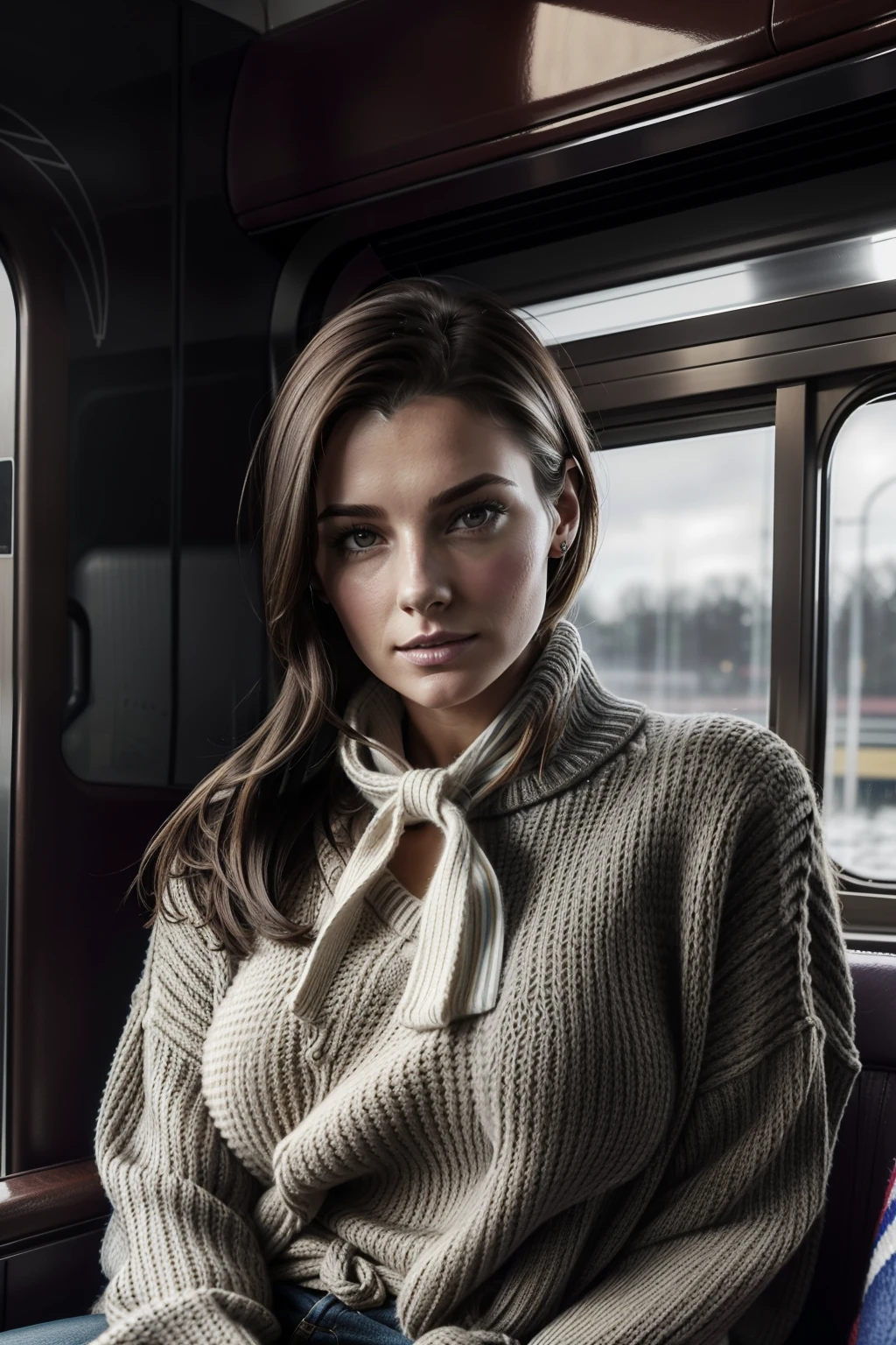 Arafed woman sitting on a train looking out the window - SeaArt AI